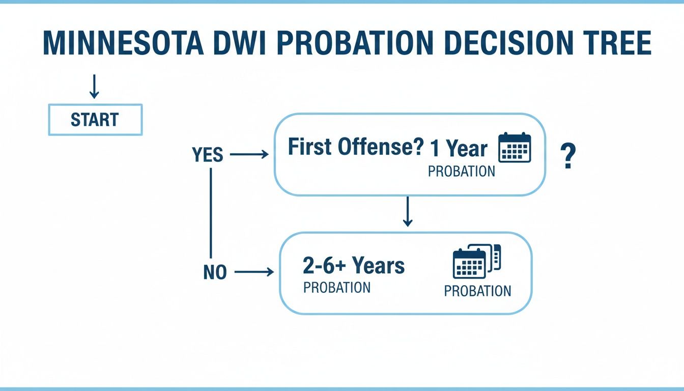 Diagrama de flujo que ilustra el árbol de decisiones de libertad condicional por conducir bajo los efectos del alcohol en Minnesota y describe los términos de la libertad condicional para la primera infracción y las infracciones subsiguientes.