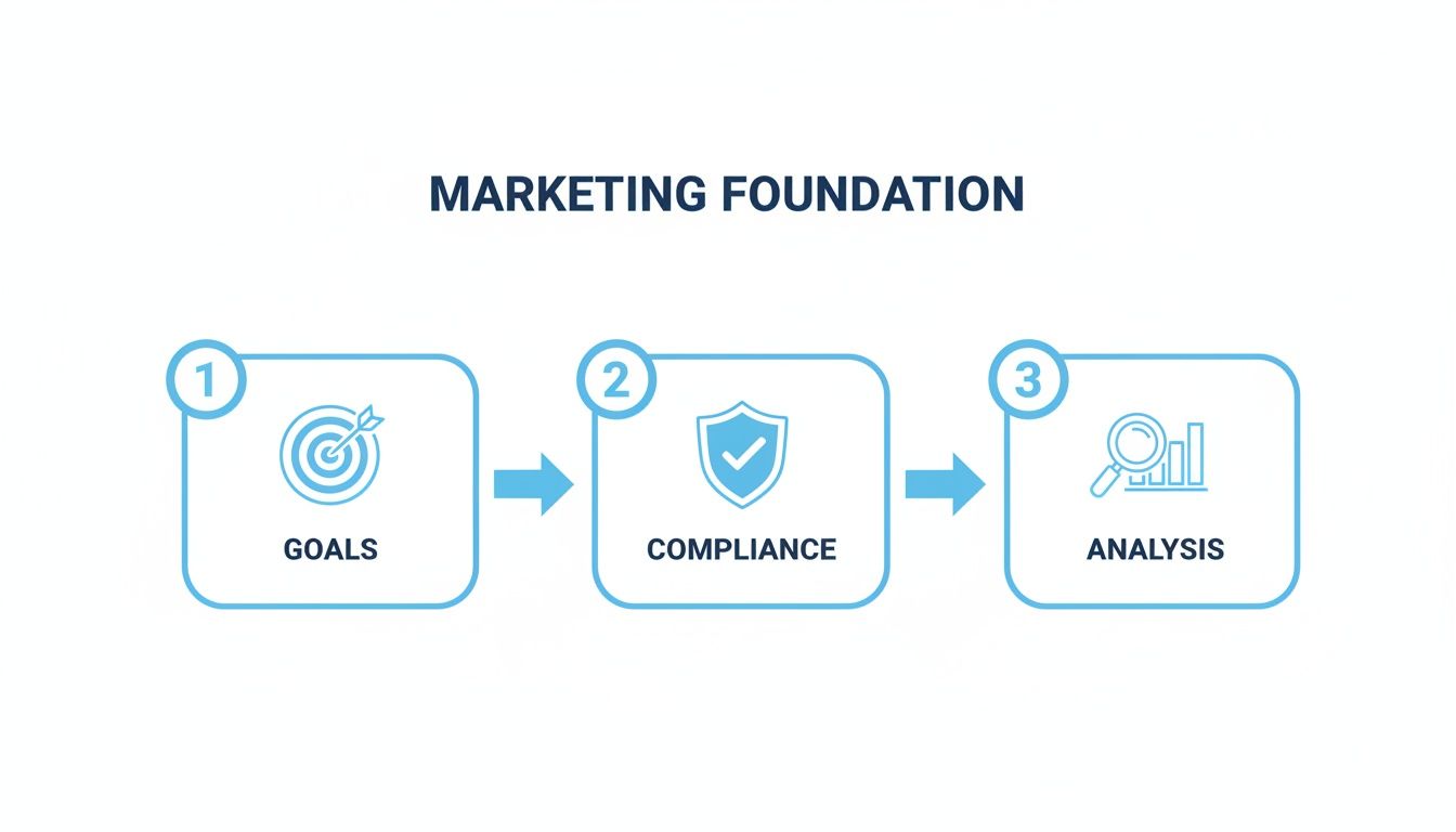 A three-step diagram outlining the marketing foundation, including goals, compliance, and analysis.