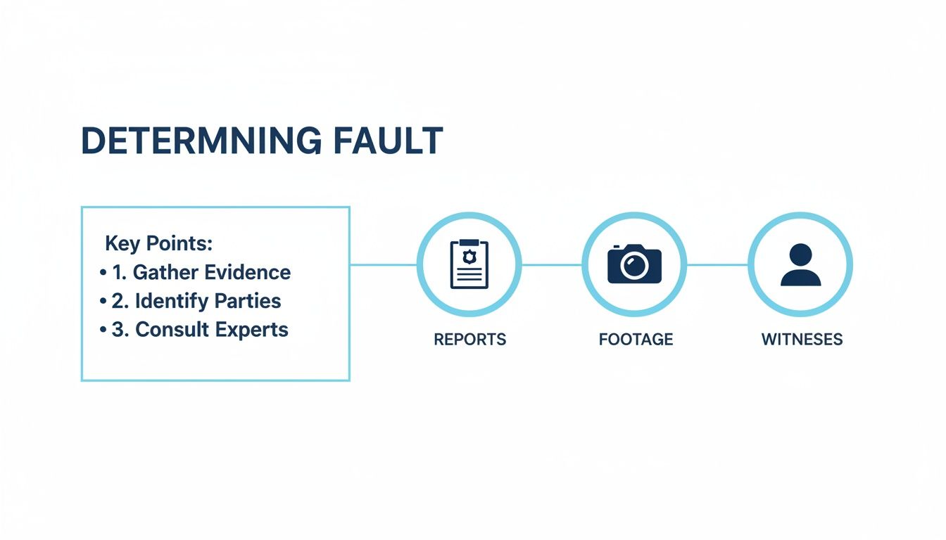 A flowchart showing key points and evidence for determining fault, including reports, footage, and witnesses.