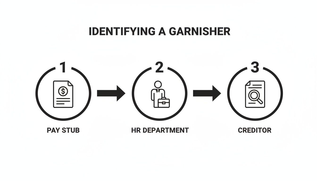 Flowchart detailing three steps to identify a garnisher: pay stub, HR department, and creditor.