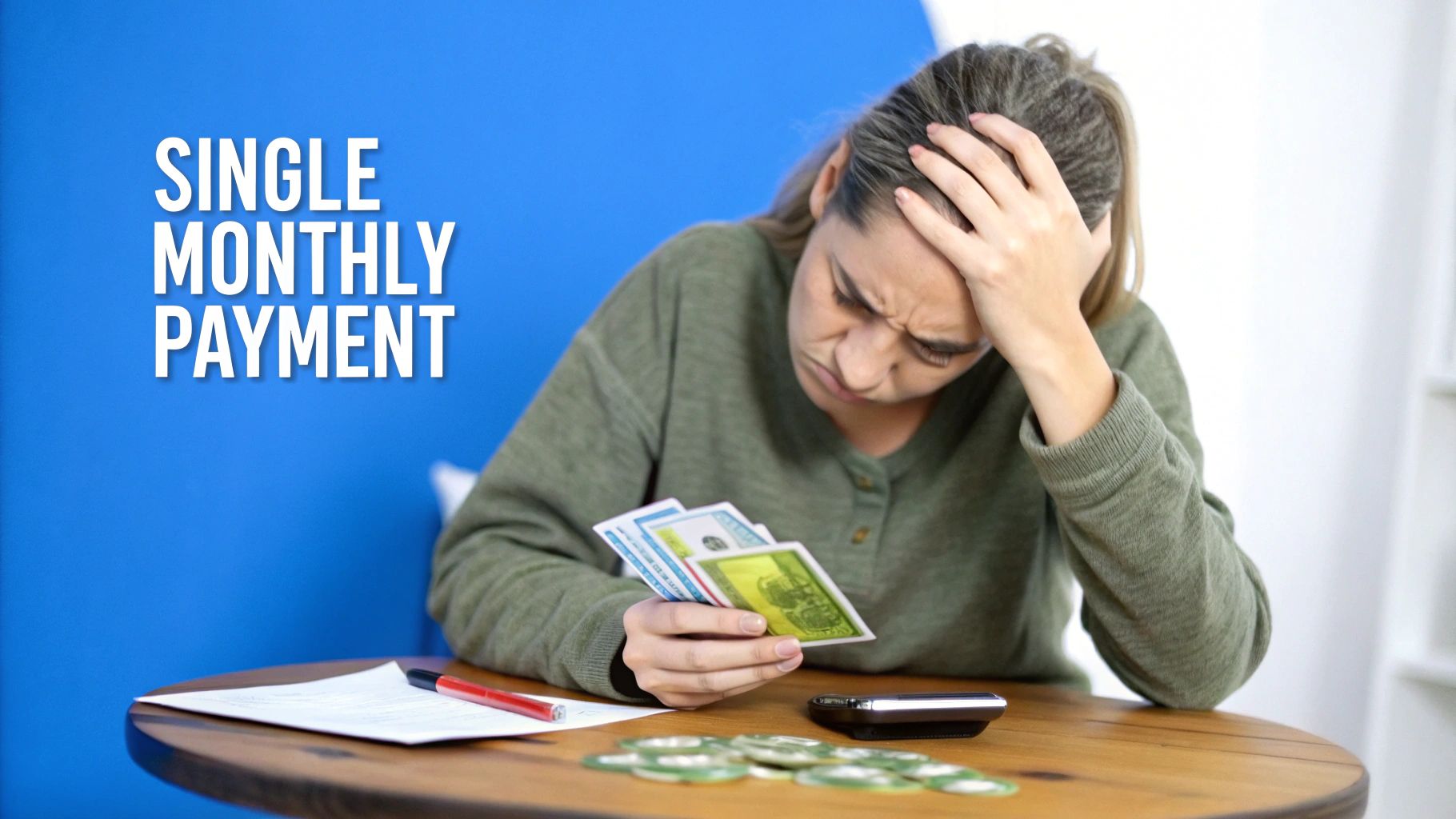 A stressed woman holds cash and coins while looking at a document, with 'SINGLE MONTHLY PAYMENT' text.