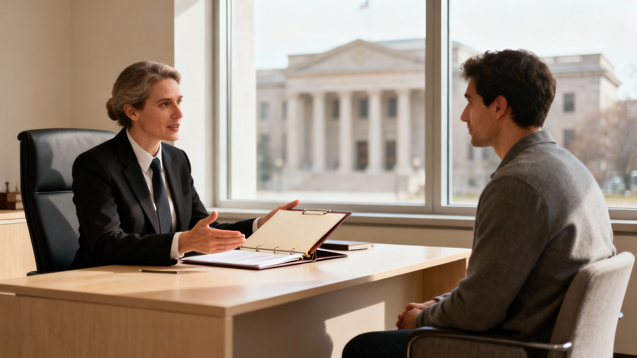 A lawyer in a suit discusses documents with a client in an office overlooking a courthouse.