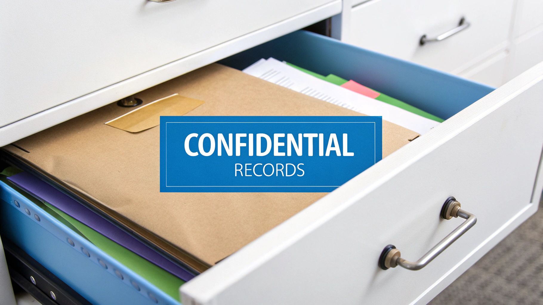 Un cajón abierto de un archivador contiene una carpeta marrón etiquetada como “Registros confidenciales” y otros documentos.