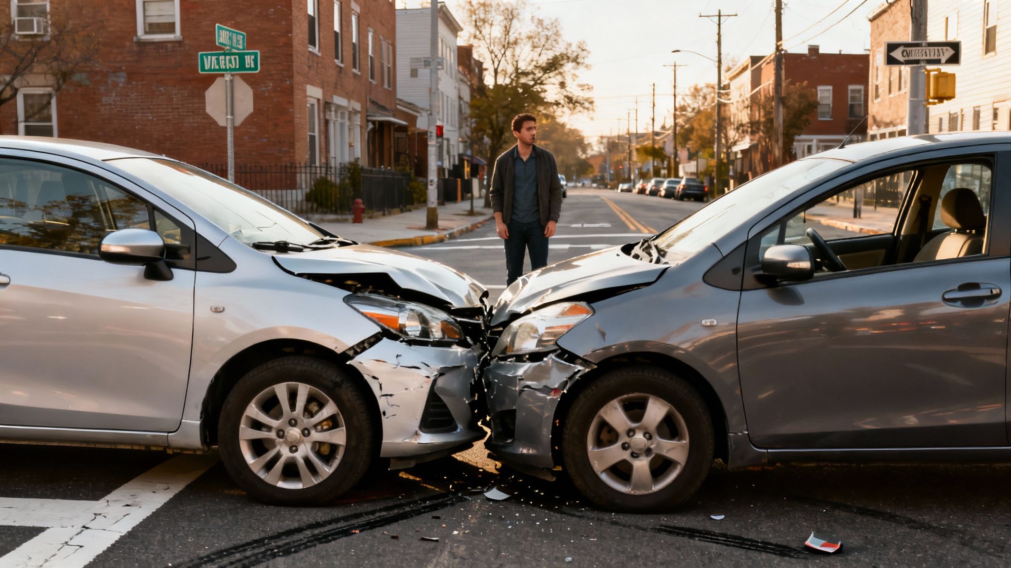 A man stands distressed between two cars that crashed head-on at a city intersection.