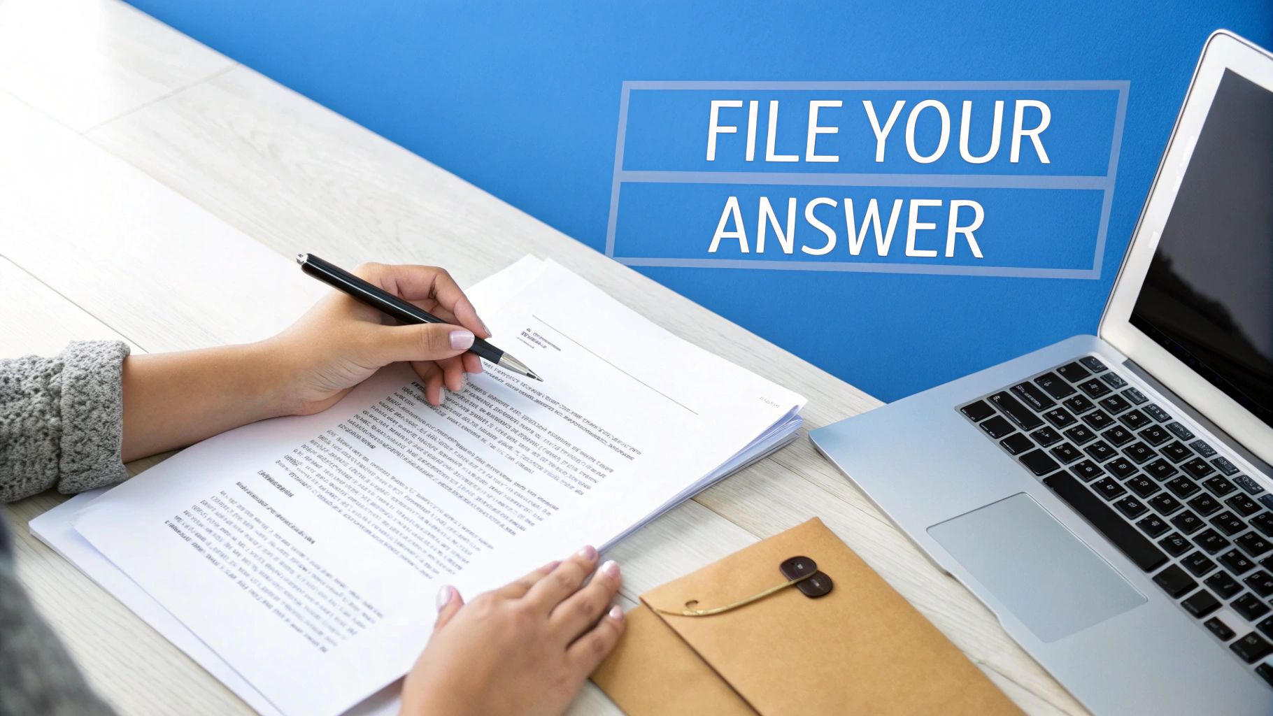 Person writing on legal documents with a pen, near a laptop and envelope. Text says 'FILE YOUR ANSWER'.