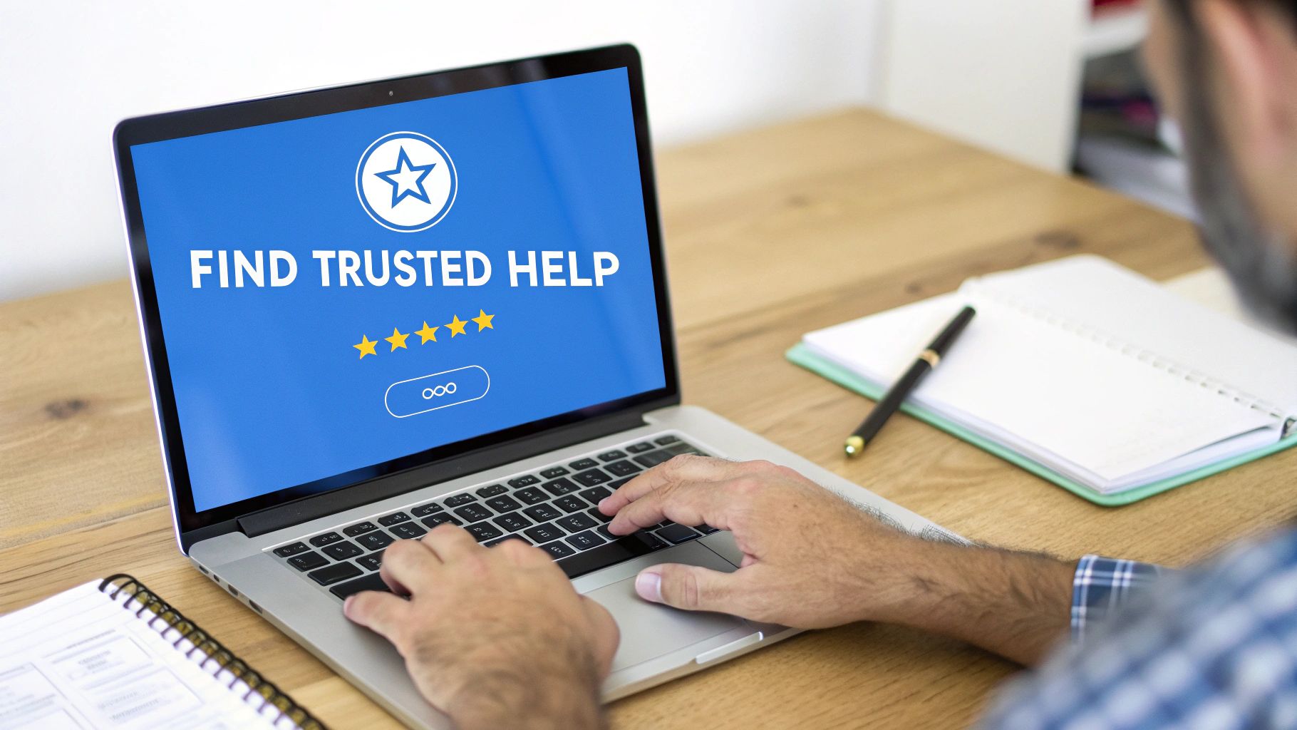 A person typing on a laptop screen displaying 'FIND TRUSTED HELP' with five stars, on a wooden desk.