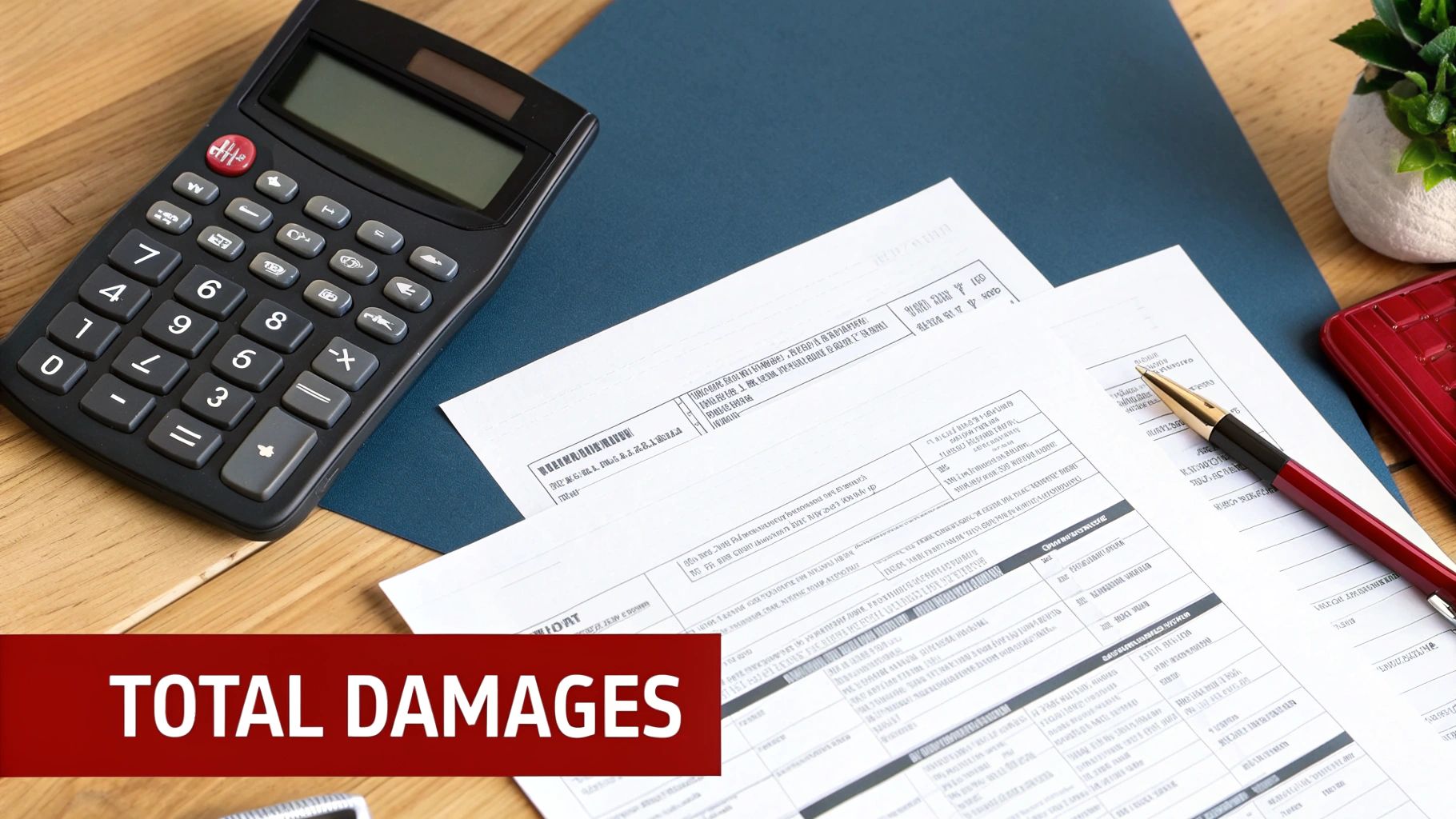 A calculator, documents, and pen on a desk with a 'TOTAL DAMAGES' banner, indicating financial assessment.