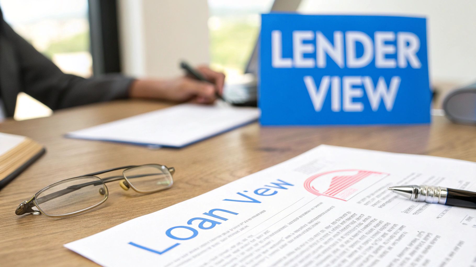 A person signs loan documents on a wooden desk with a 'Lender View' sign and glasses.