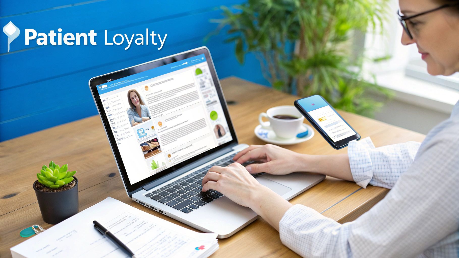 A woman uses a laptop and smartphone for patient loyalty management on a wooden desk.