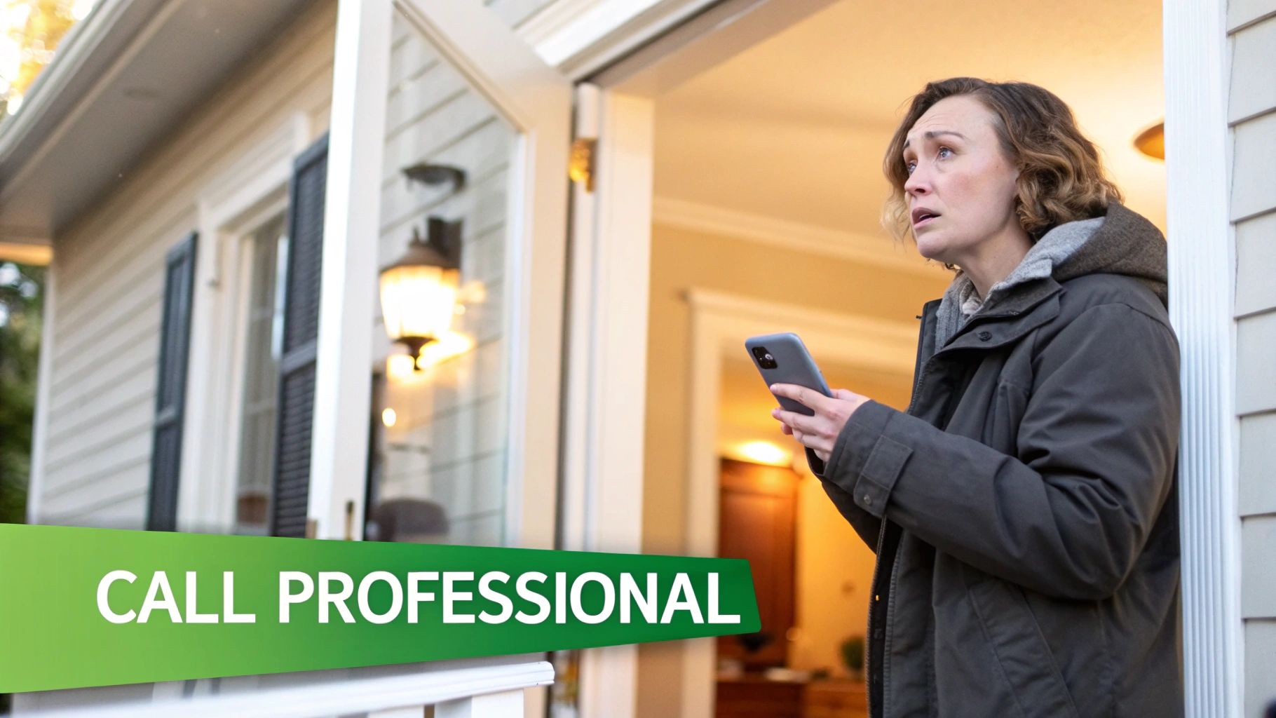 A woman standing in a doorway looking worried, holding a smartphone, with a house exterior and a "CALL PROFESSIONAL" banner.