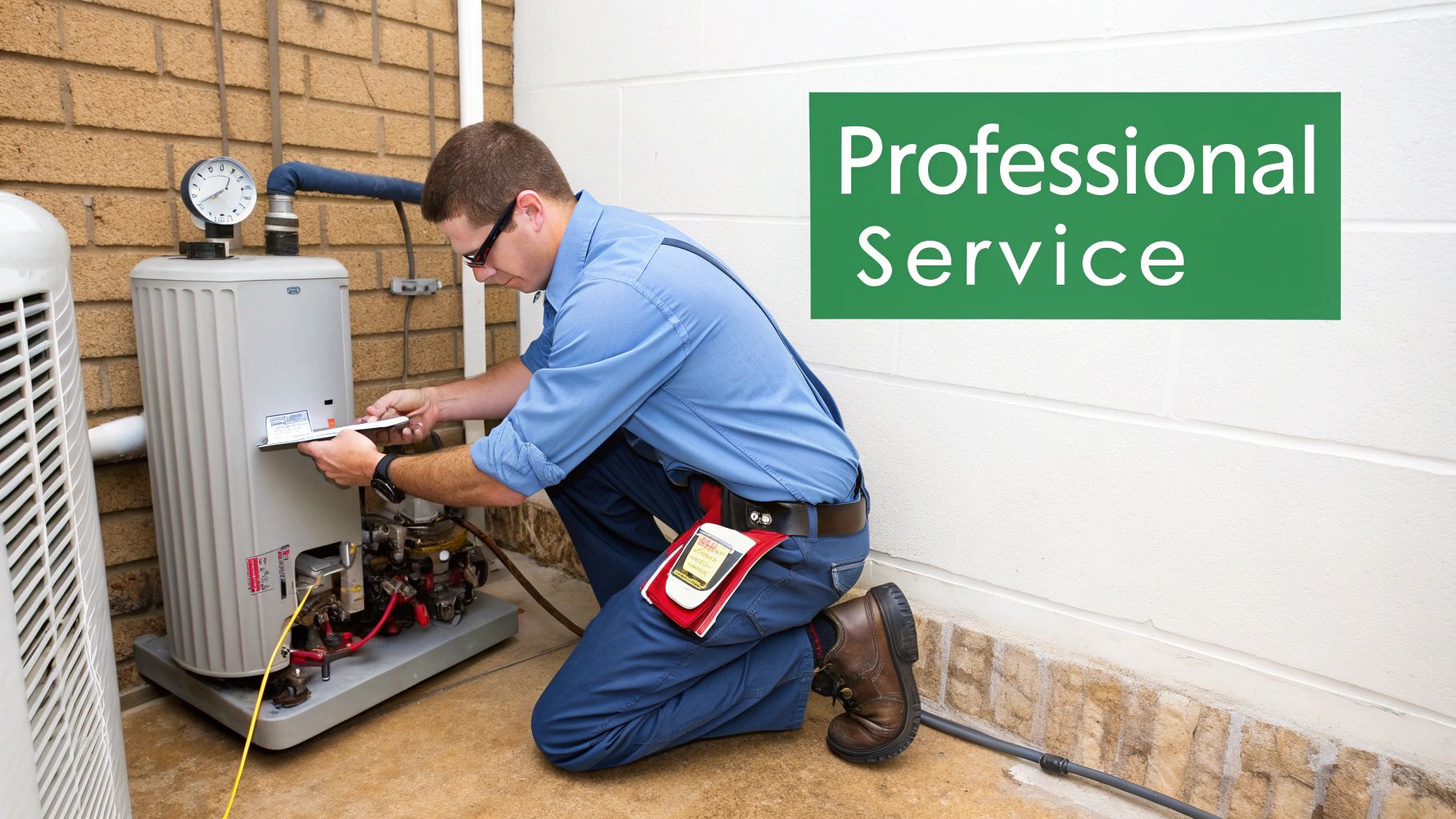 A professional technician kneels, inspecting an outdoor furnace or water heater unit with tools.