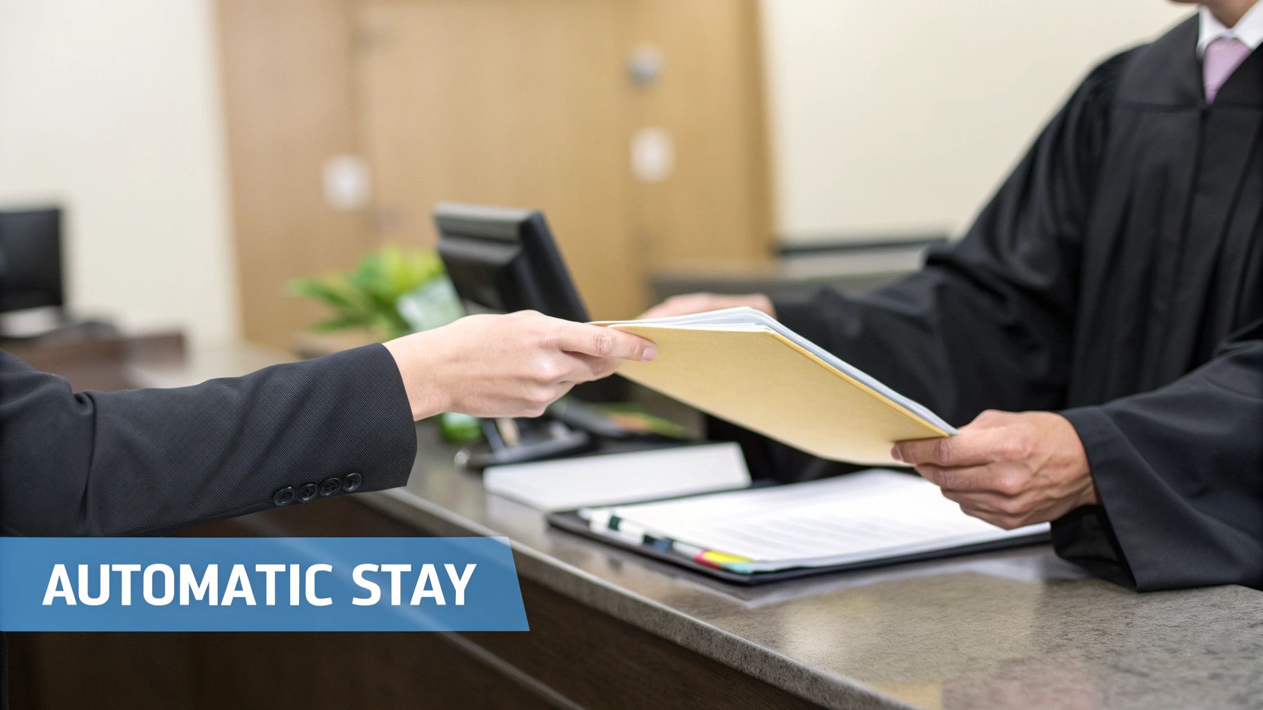 A person in a suit hands legal documents in a yellow folder to a robed official.