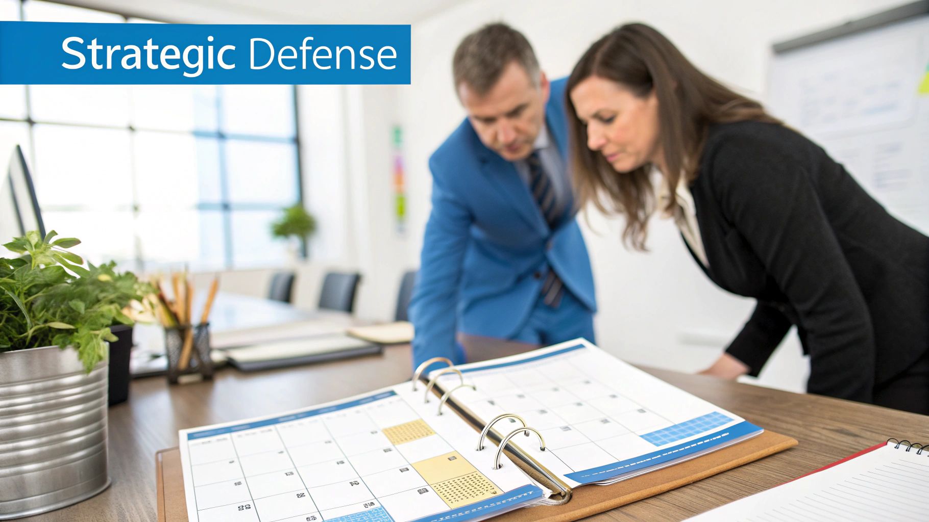 Two business professionals, a man and a woman, review a calendar on a desk.