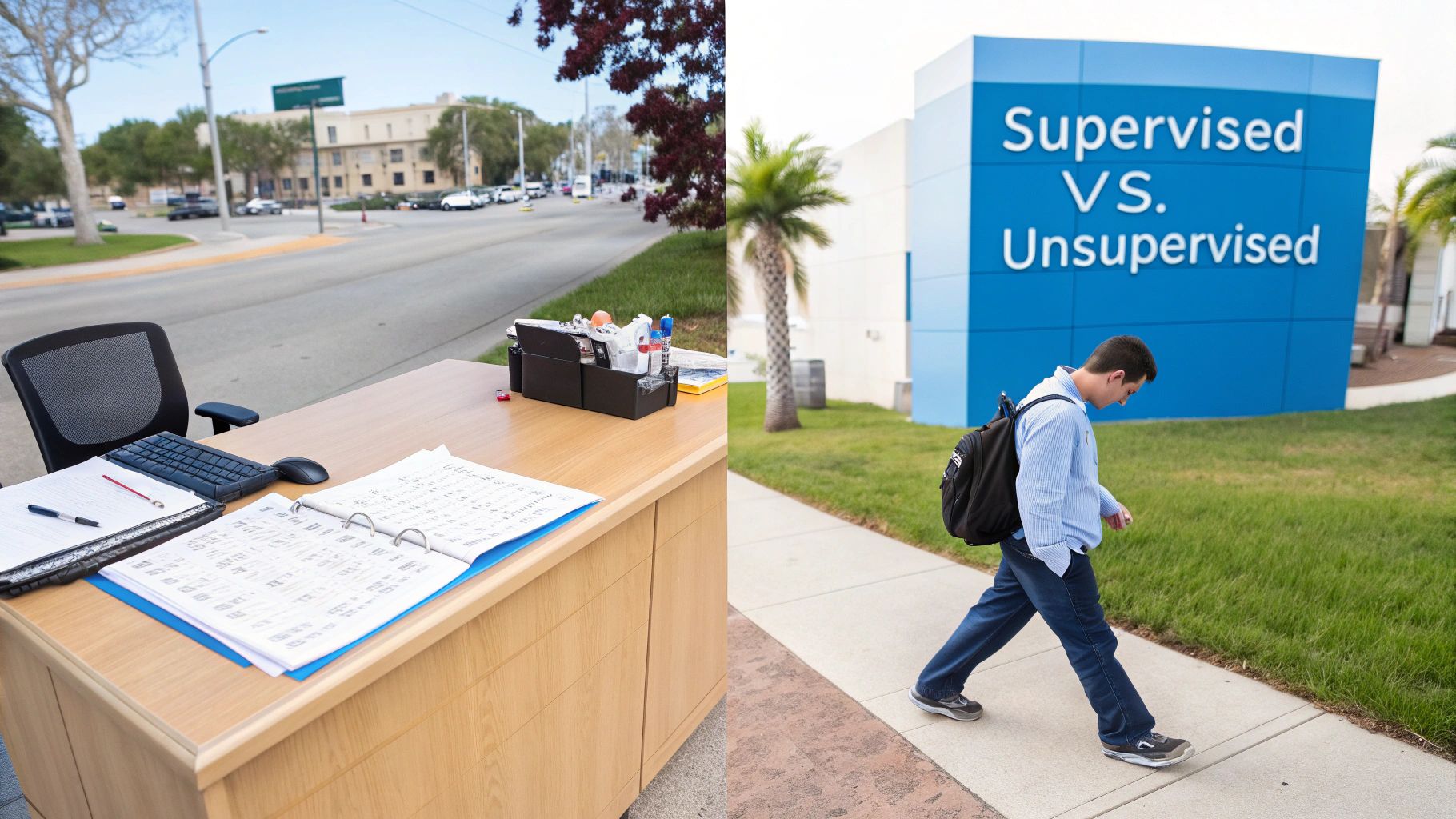 Un escritorio al aire libre con una computadora y papeles, frente a un estudiante que pasa junto a un cartel que dice "Supervisado vs. Sin supervisión".