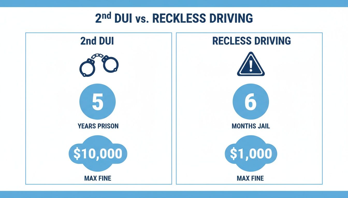 Infografía que compara las sanciones por conducir bajo los efectos del alcohol en un segundo vehículo (5 años de prisión, multa de $10,000) con las sanciones por conducir de forma imprudente (6 meses de cárcel, multa de $1,000).