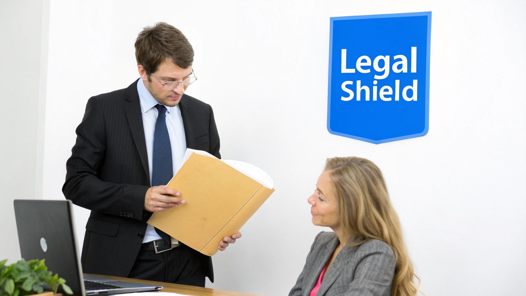 A man in a suit shows documents in a folder to a woman at a desk with a Legal Shield logo.
