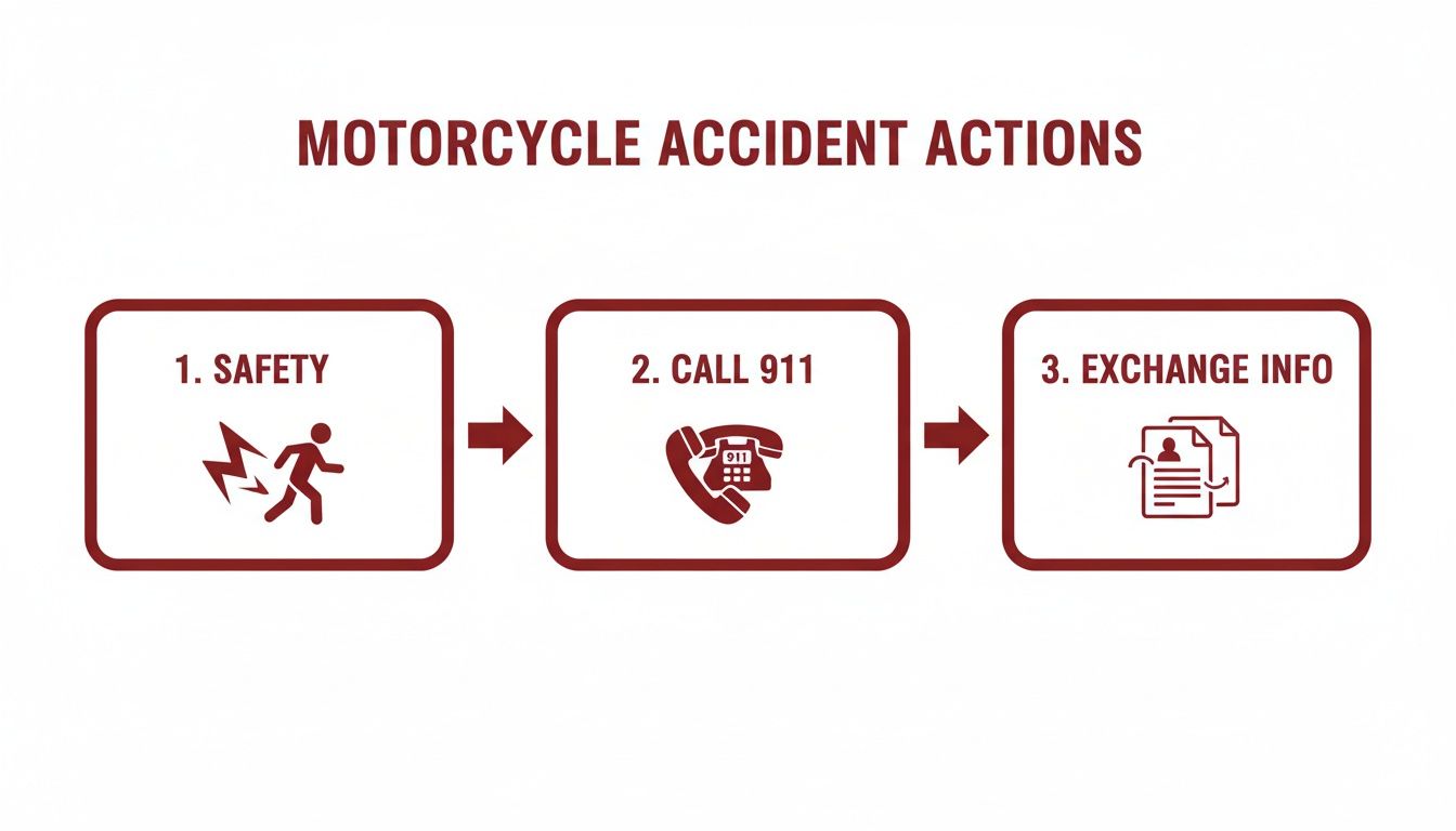 A diagram illustrating three key steps after a motorcycle accident: 1. Safety, 2. Call 911, 3. Exchange Info.