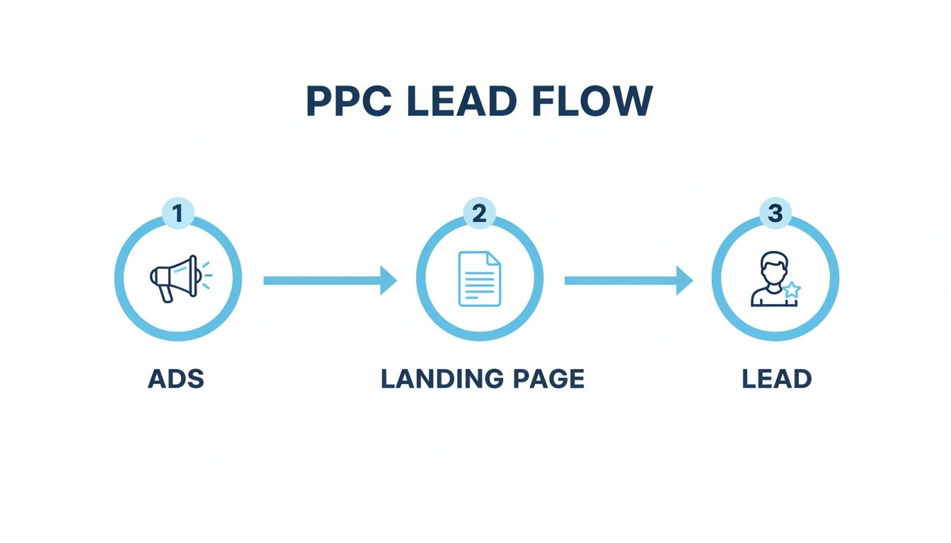 Diagram illustrating the PPC lead generation flow, from ads to a landing page, culminating in a lead.