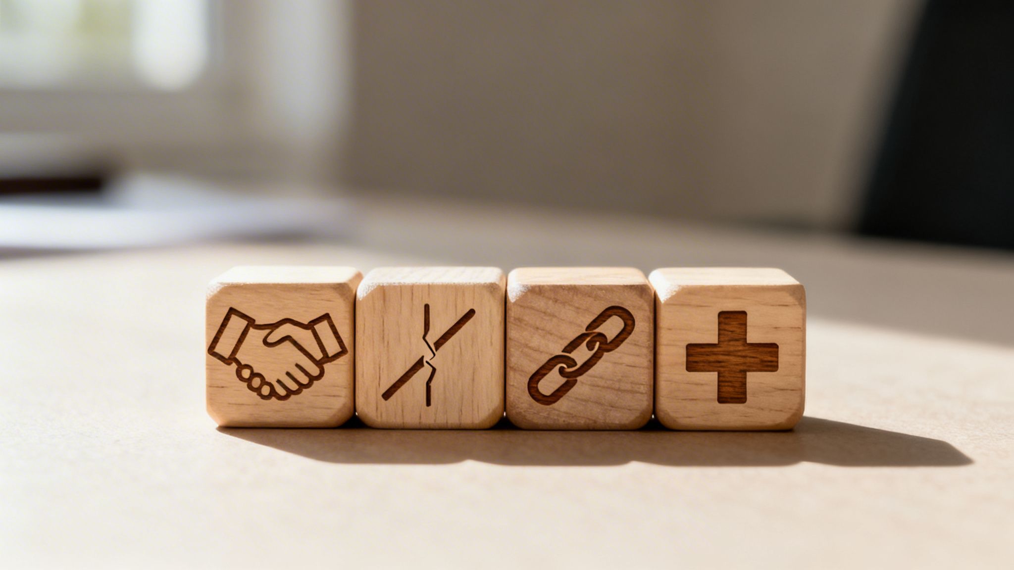 Four wooden blocks displaying symbols for a handshake, a broken line, a chain link, and a plus sign.