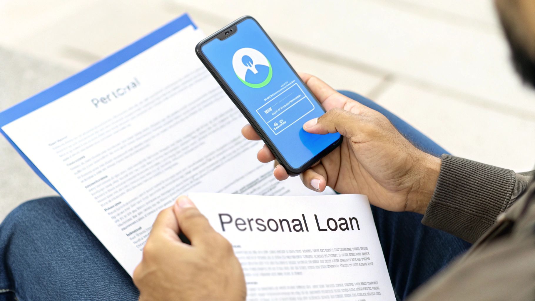 Person reviews "Personal Loan" documents while applying on a smartphone with a loan application app.