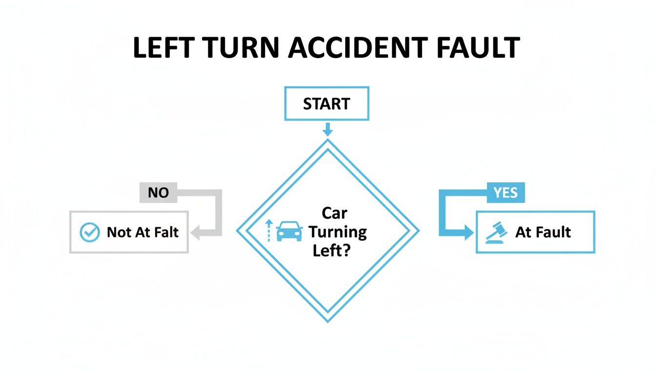 A flowchart titled 'Left Turn Accident Fault' indicating that the car turning left is at fault.