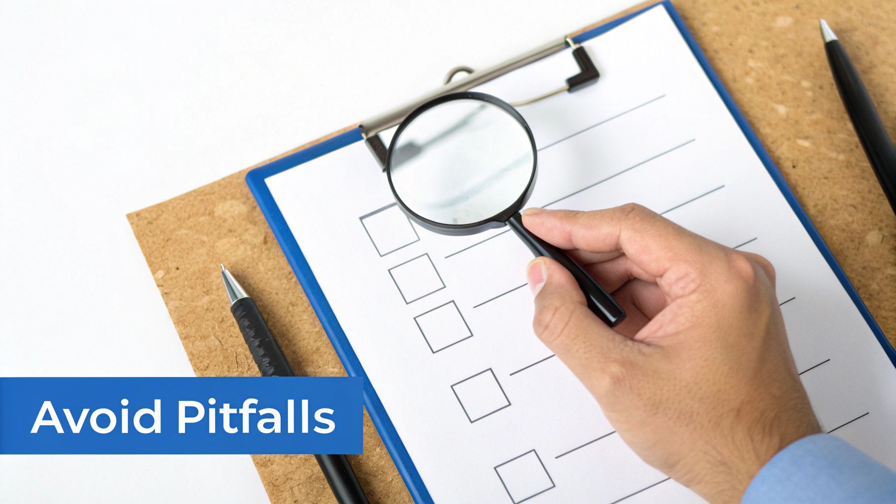 A hand uses a magnifying glass to carefully examine a checklist on a clipboard, symbolizing avoiding pitfalls.