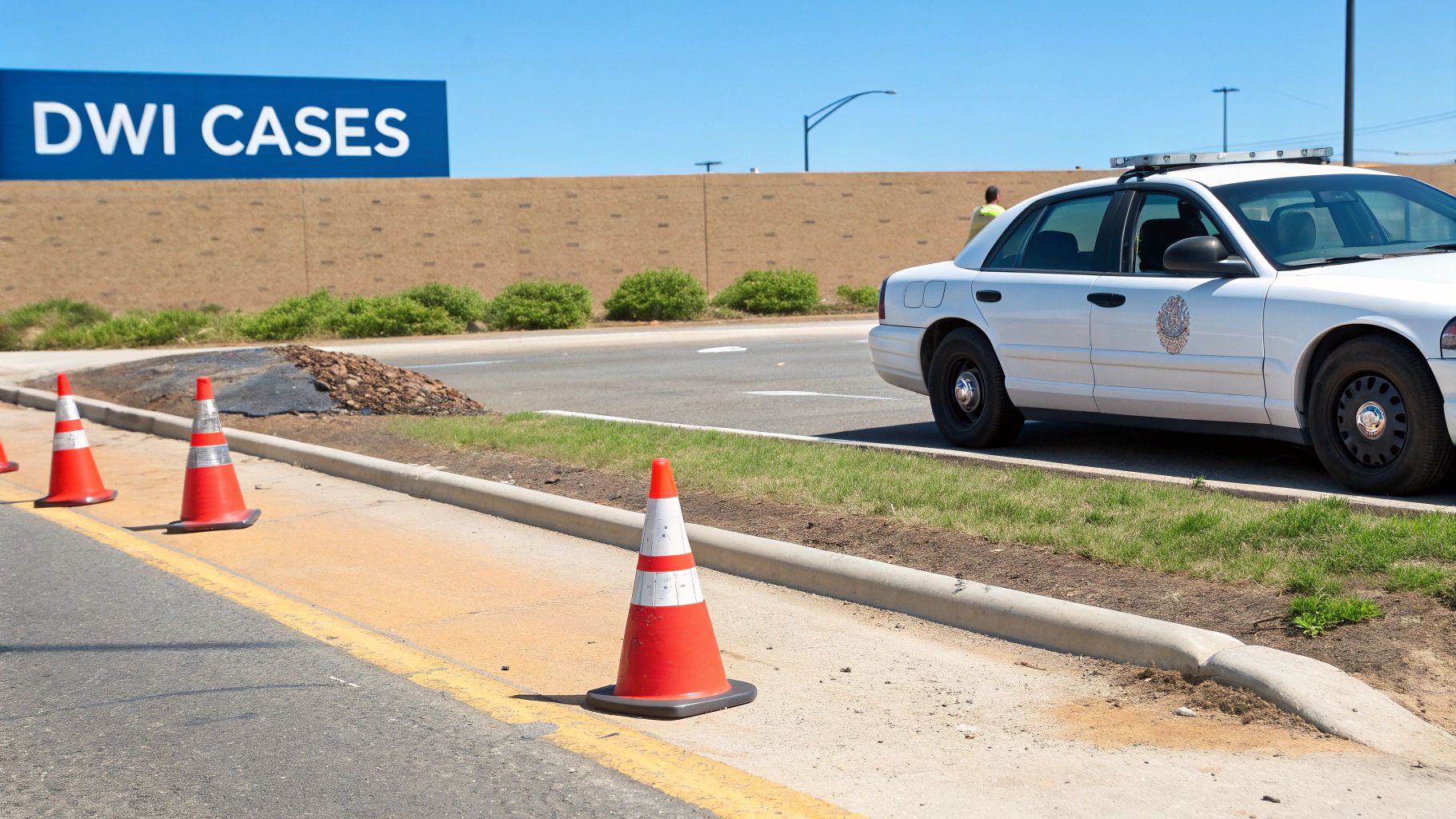 Un coche de policía aparcado junto a conos de tráfico de color naranja, con un cartel azul que dice "CASOS DE DUI/EBRIL" al fondo.