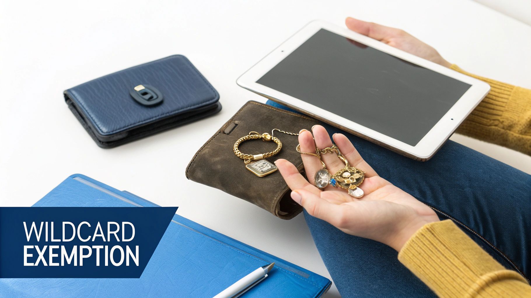 A person holds jewelry, with a tablet, wallets, and legal folders on a desk, referencing wildcard exemption.