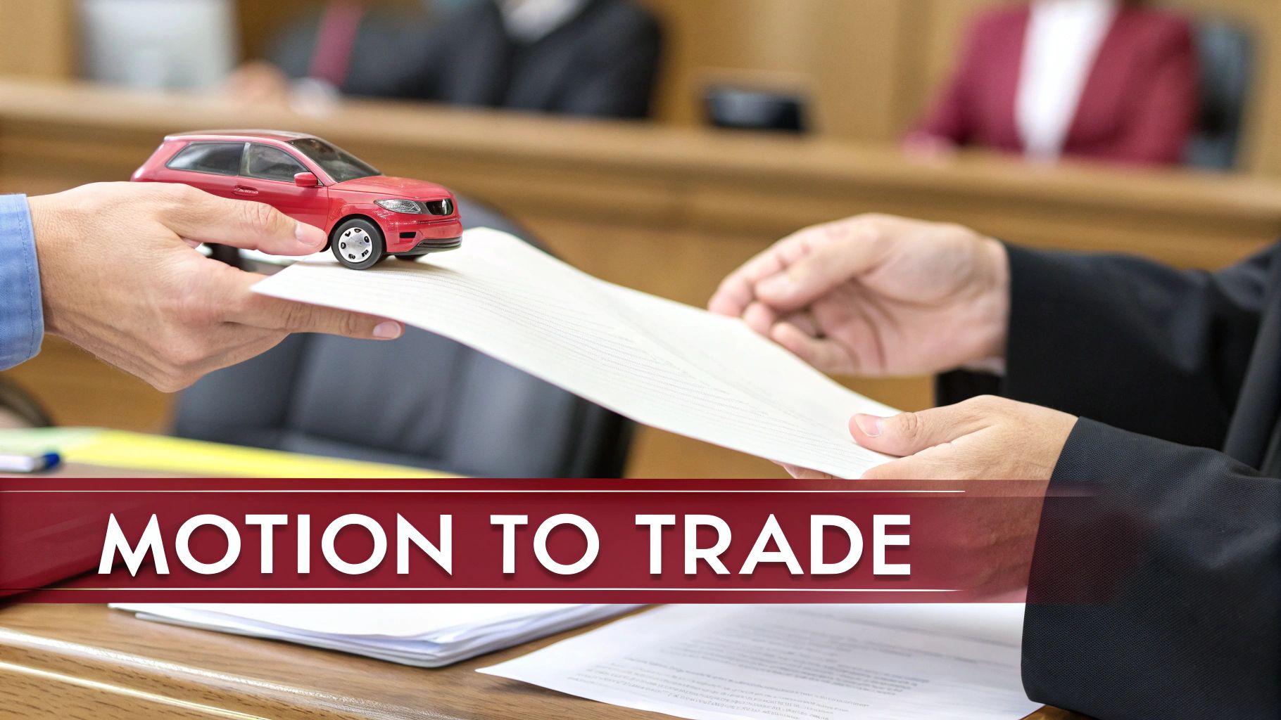 Hands exchanging legal documents with a red toy car on top, symbolizing a motion to trade in court.