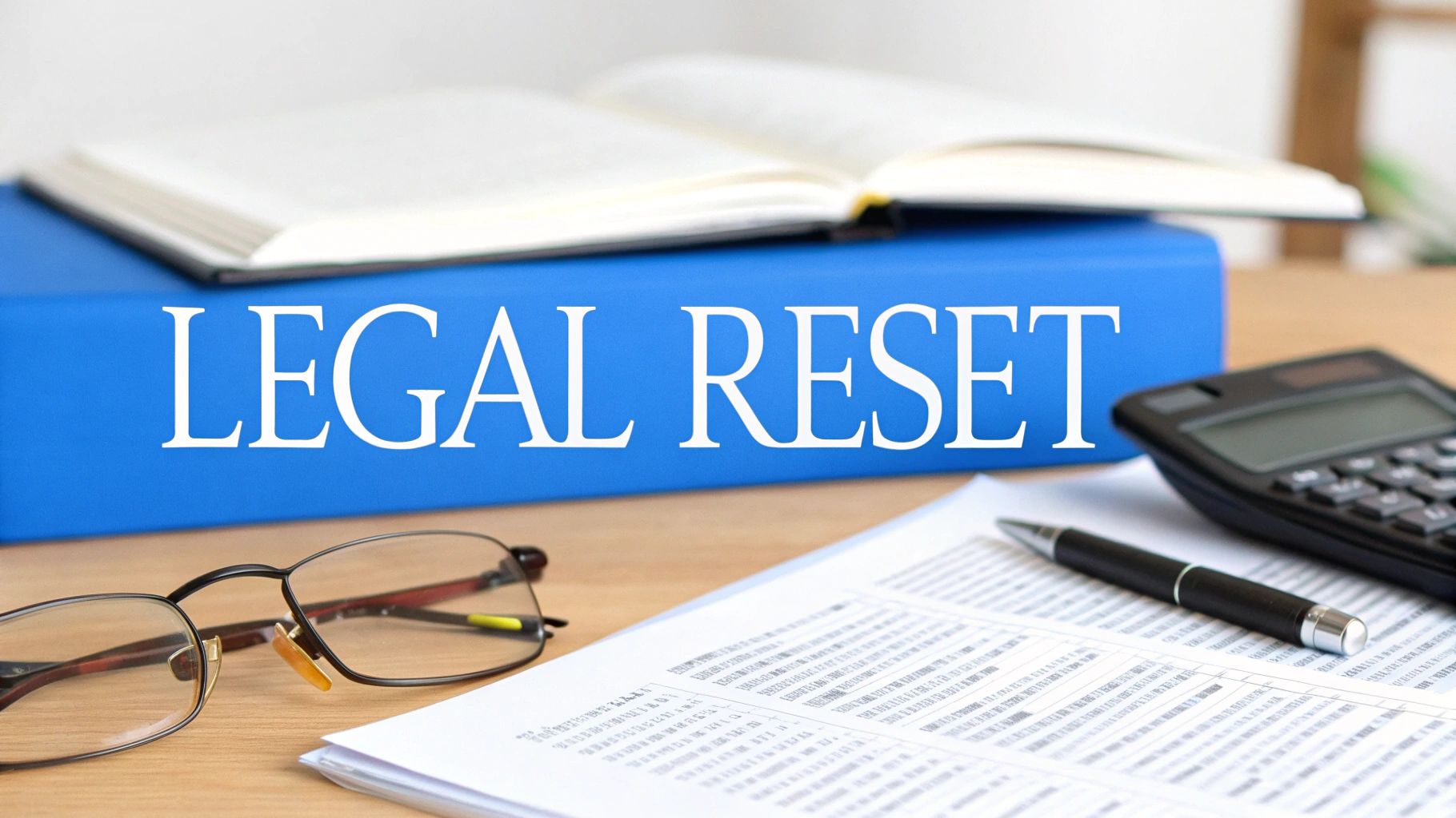 A blue book titled 'LEGAL RESET' on a desk with glasses, a calculator, pen, and documents.