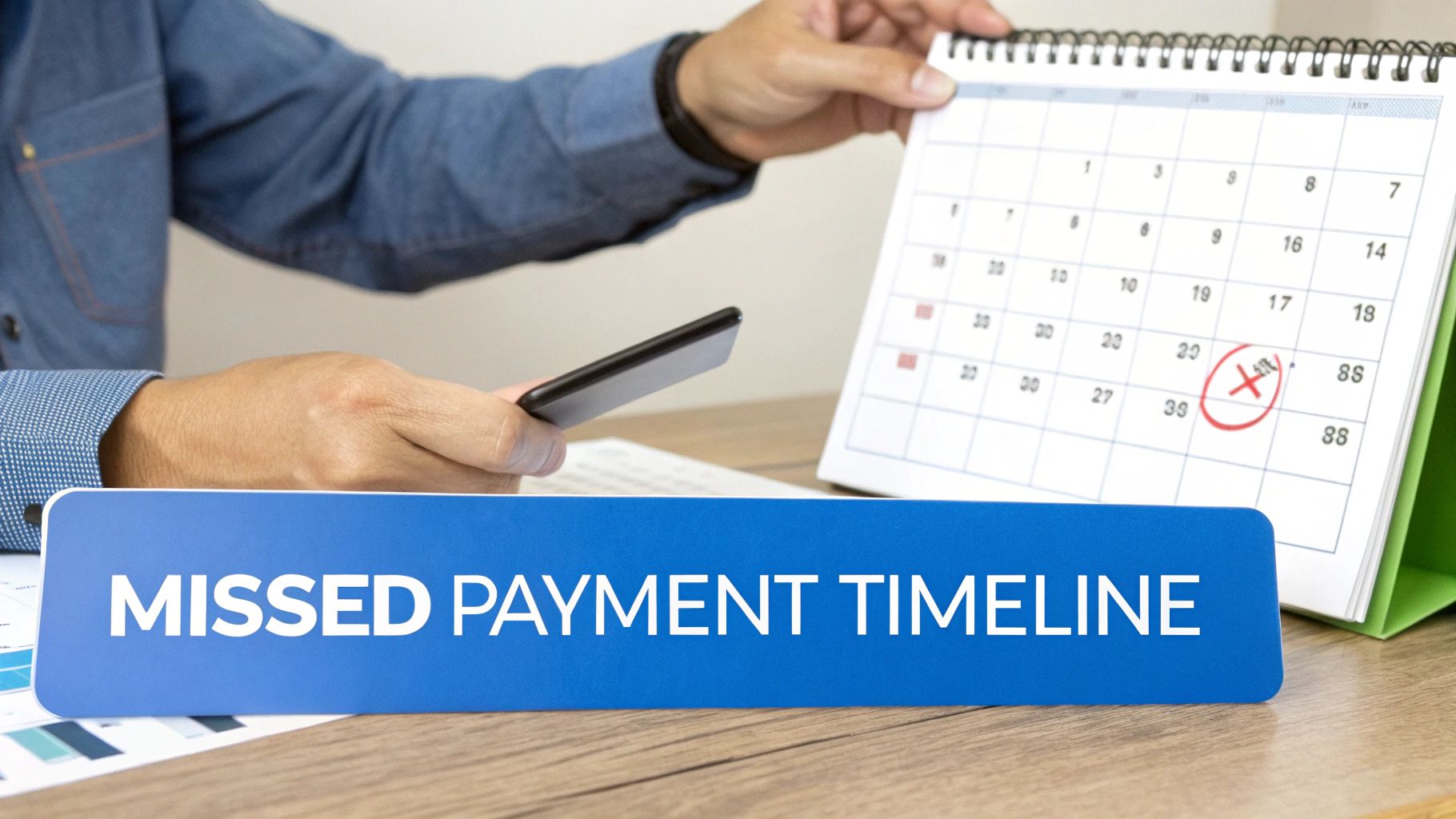 Hands hold a smartphone and a calendar with a circled 'X' over a date, a sign says 'MISSED PAYMENT TIMELINE'.