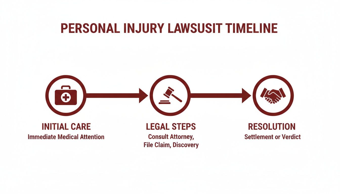 A visual timeline illustrating the stages of a personal injury lawsuit, from initial medical care to legal steps and final resolution.