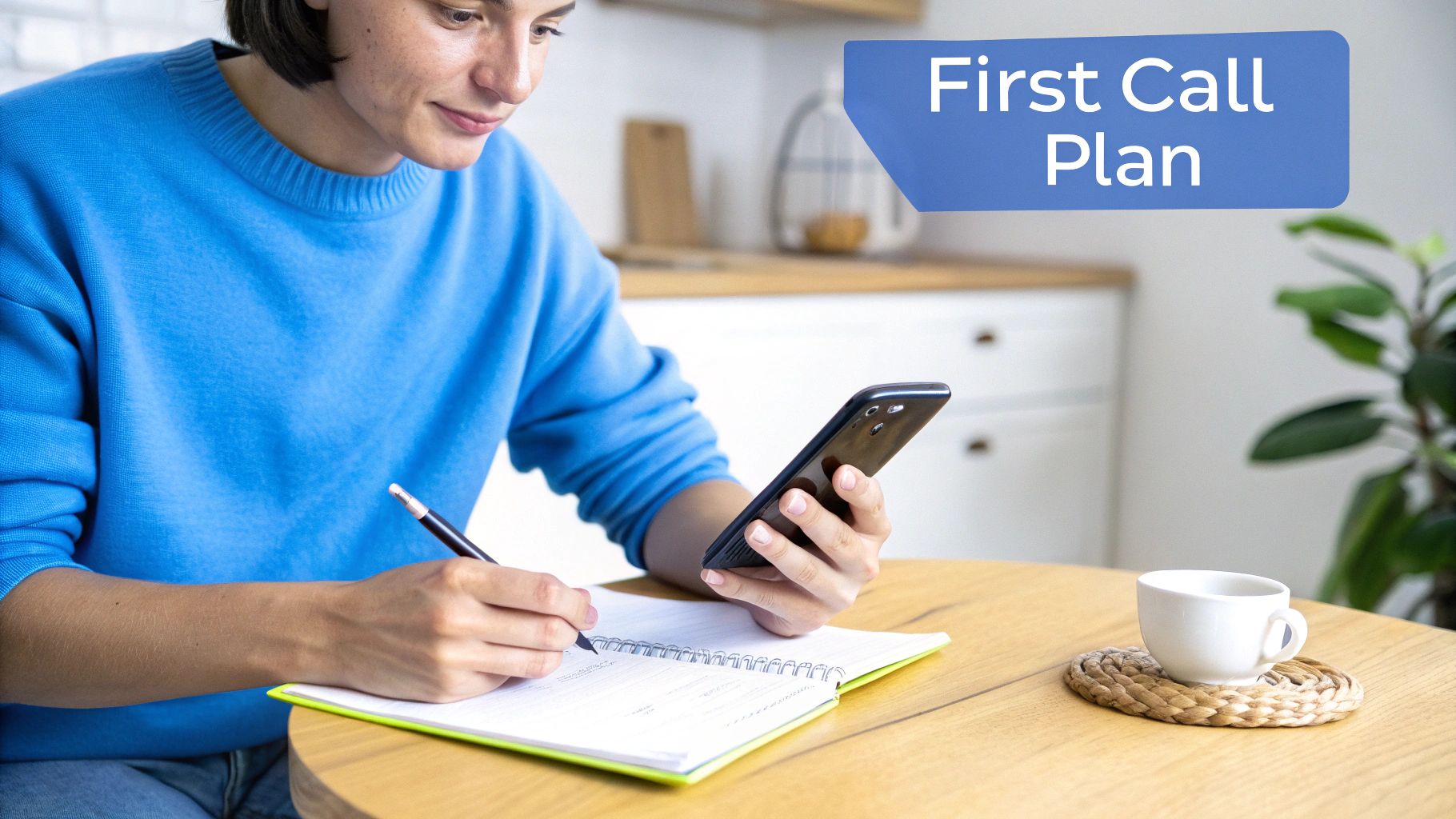 A person in a blue sweater writes in a notebook while holding a smartphone, with a "First Call Plan" banner.