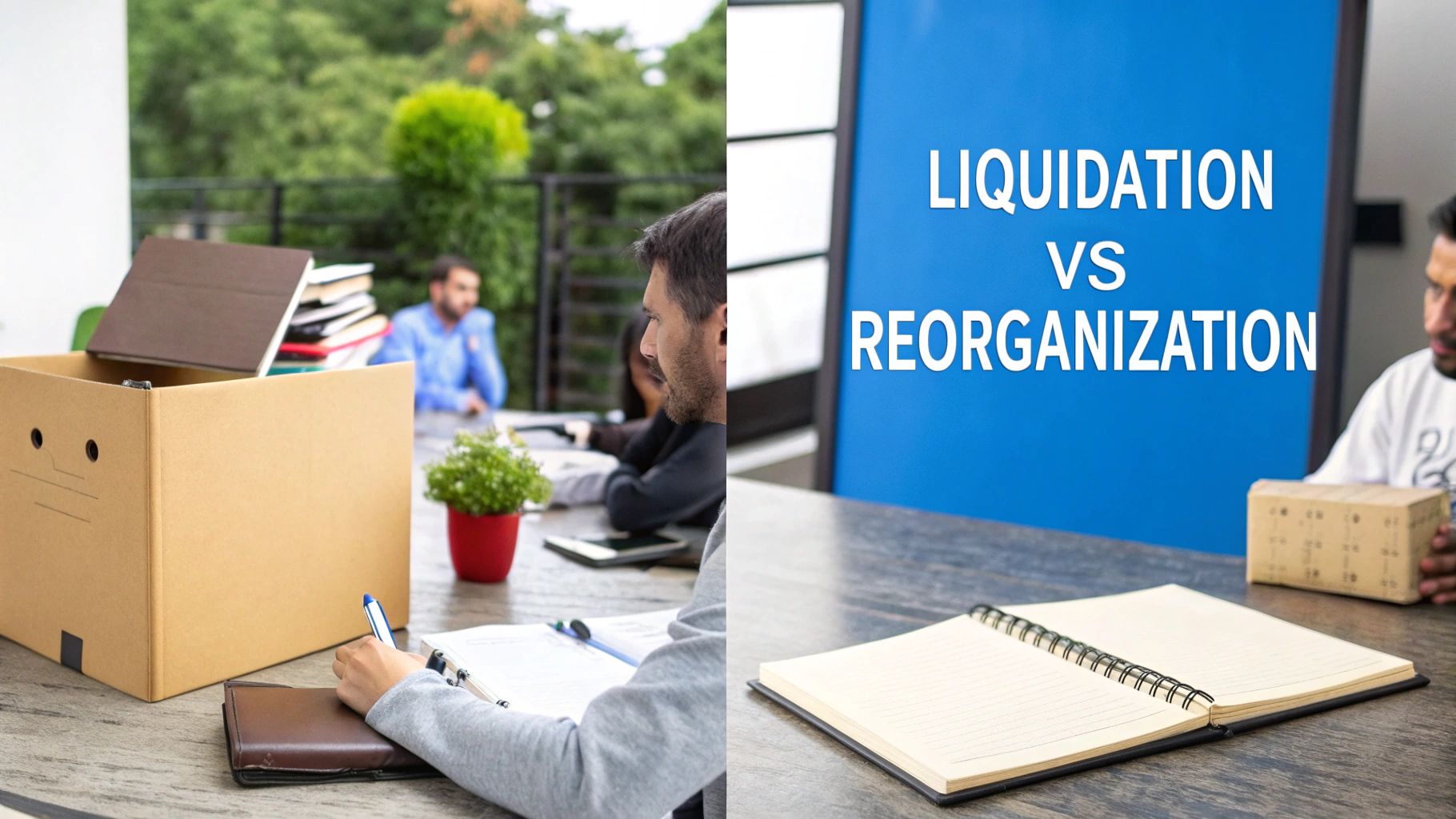 Split image comparing liquidation vs. reorganization, with a person signing documents and another with a notebook.