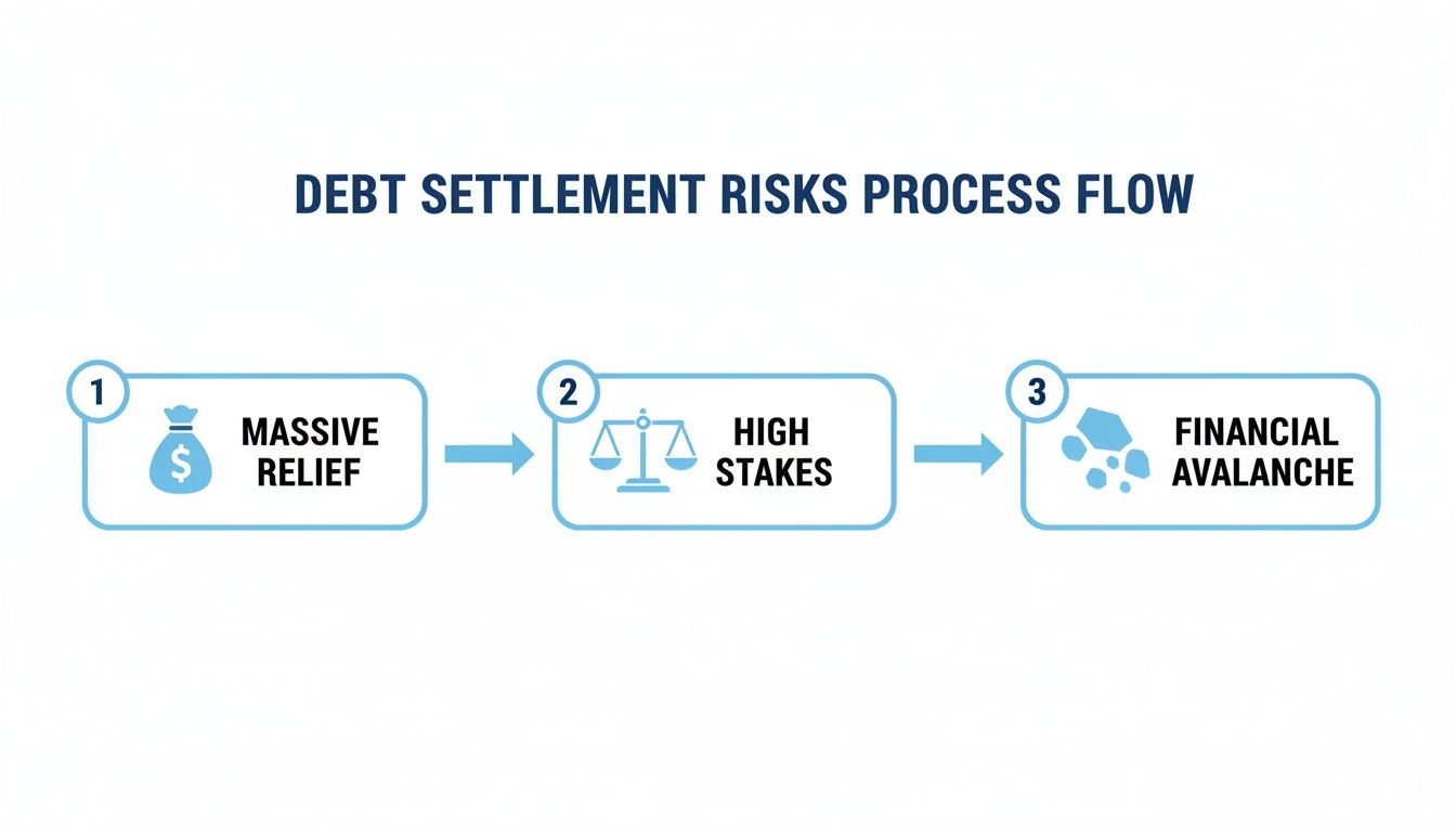 A process flow chart titled 'Debt Settlement Risks Process Flow' showing three steps: Massive Relief, High Stakes, and Financial Avalanche.