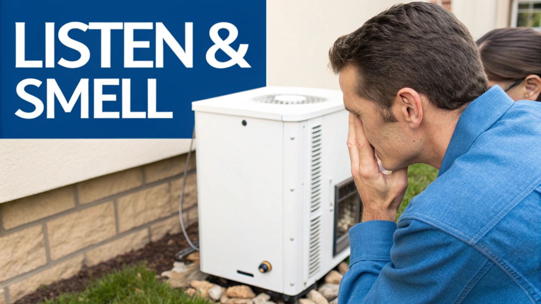 A man intently listens or smells near an outdoor white HVAC unit, with 'LISTEN & SMELL' text.