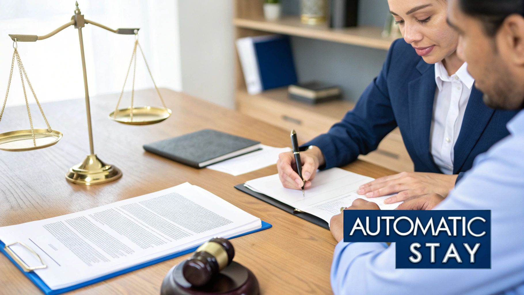 A lawyer helps a client sign legal documents in an office, with scales of justice and a gavel nearby.