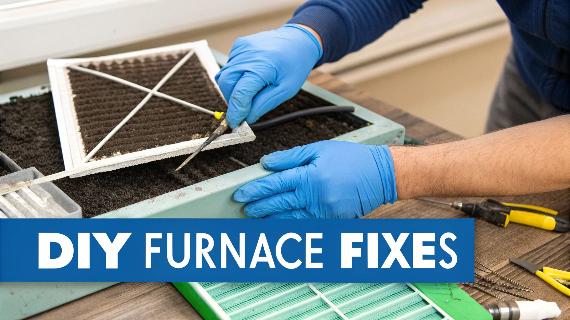 A person wearing blue gloves carefully cleans a very dirty furnace filter with a small tool.