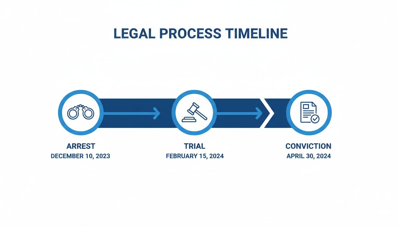 Legal process timeline showing arrest, trial, and conviction with corresponding dates and icons.