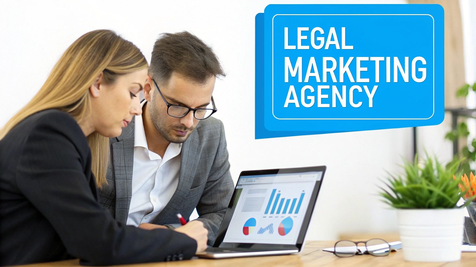 Two professionals collaborating on a laptop displaying marketing data, with a 'Legal Marketing Agency' sign.
