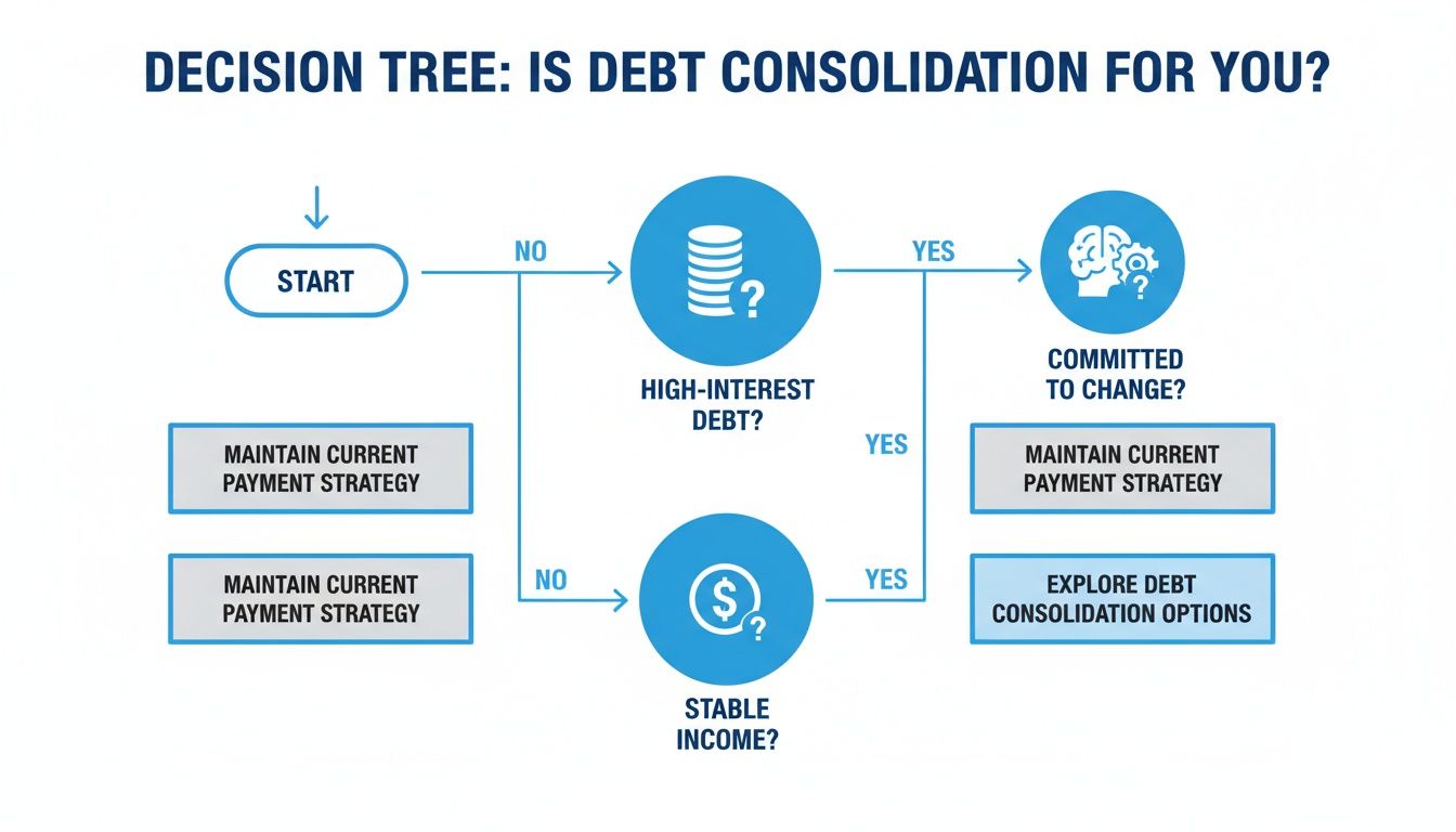 Decision tree flowchart guiding users on whether debt consolidation is right for them based on debt and income.