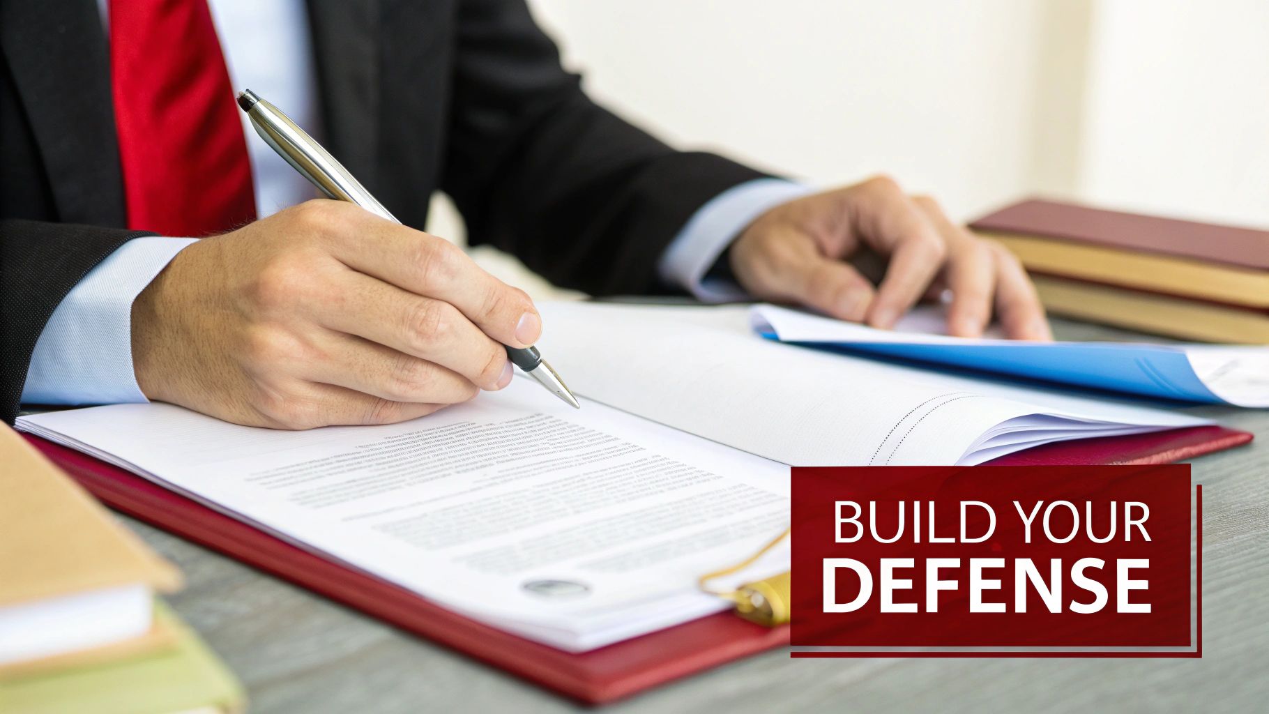 A person in a suit writes on legal documents, with a 'BUILD YOUR DEFENSE' overlay.