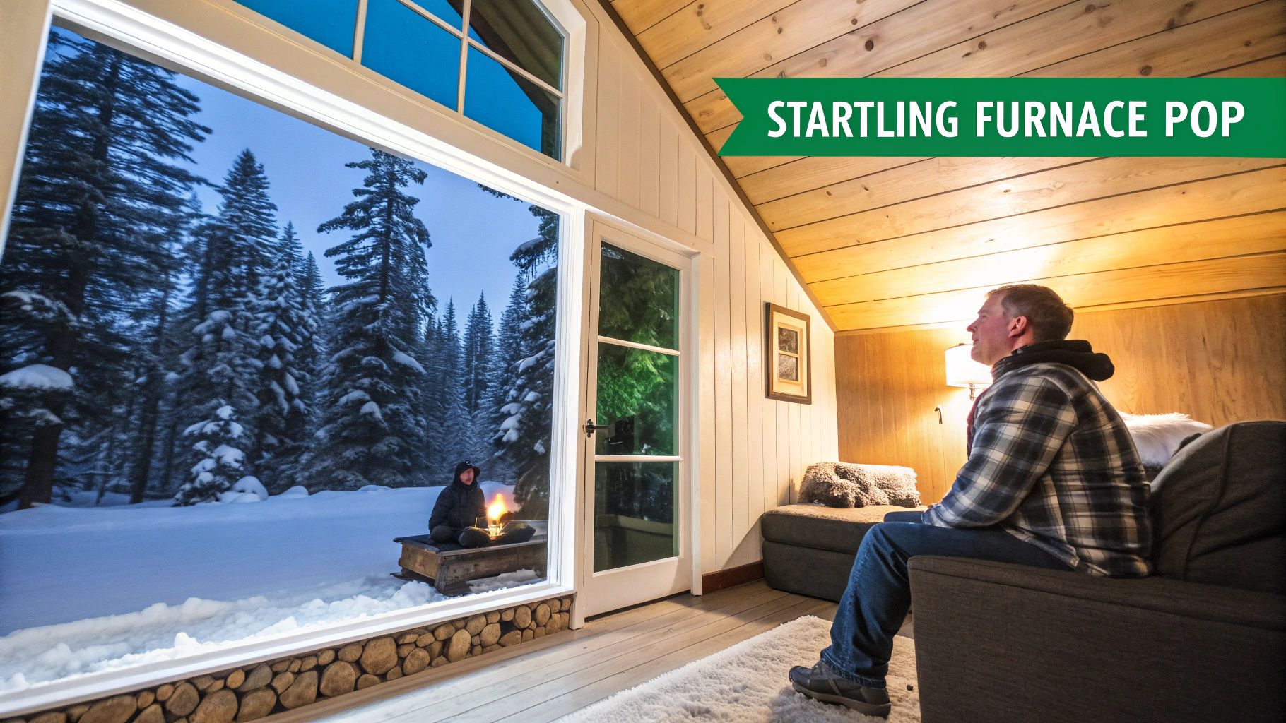 A man on a couch looks out a large window at a snowy winter forest scene.