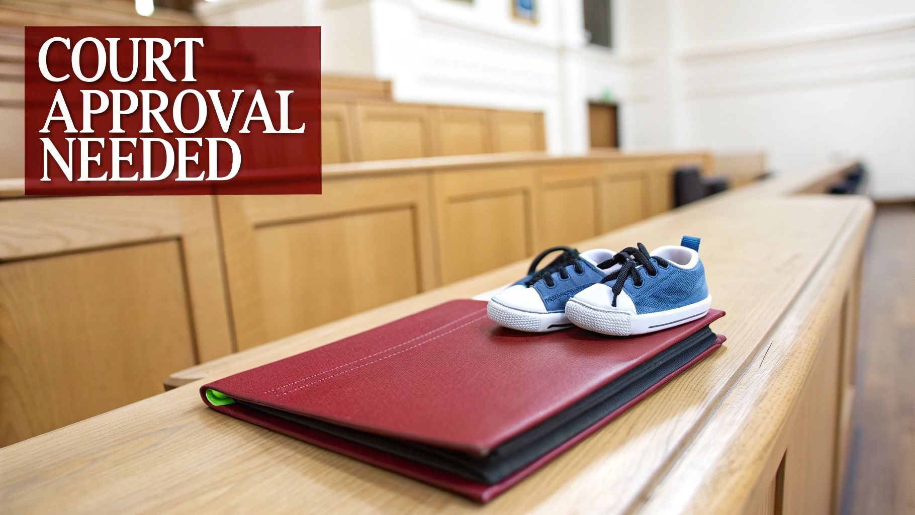 Tiny blue baby shoes rest on a red legal folder in a courtroom, text states 'COURT APPROVAL NEEDED'.
