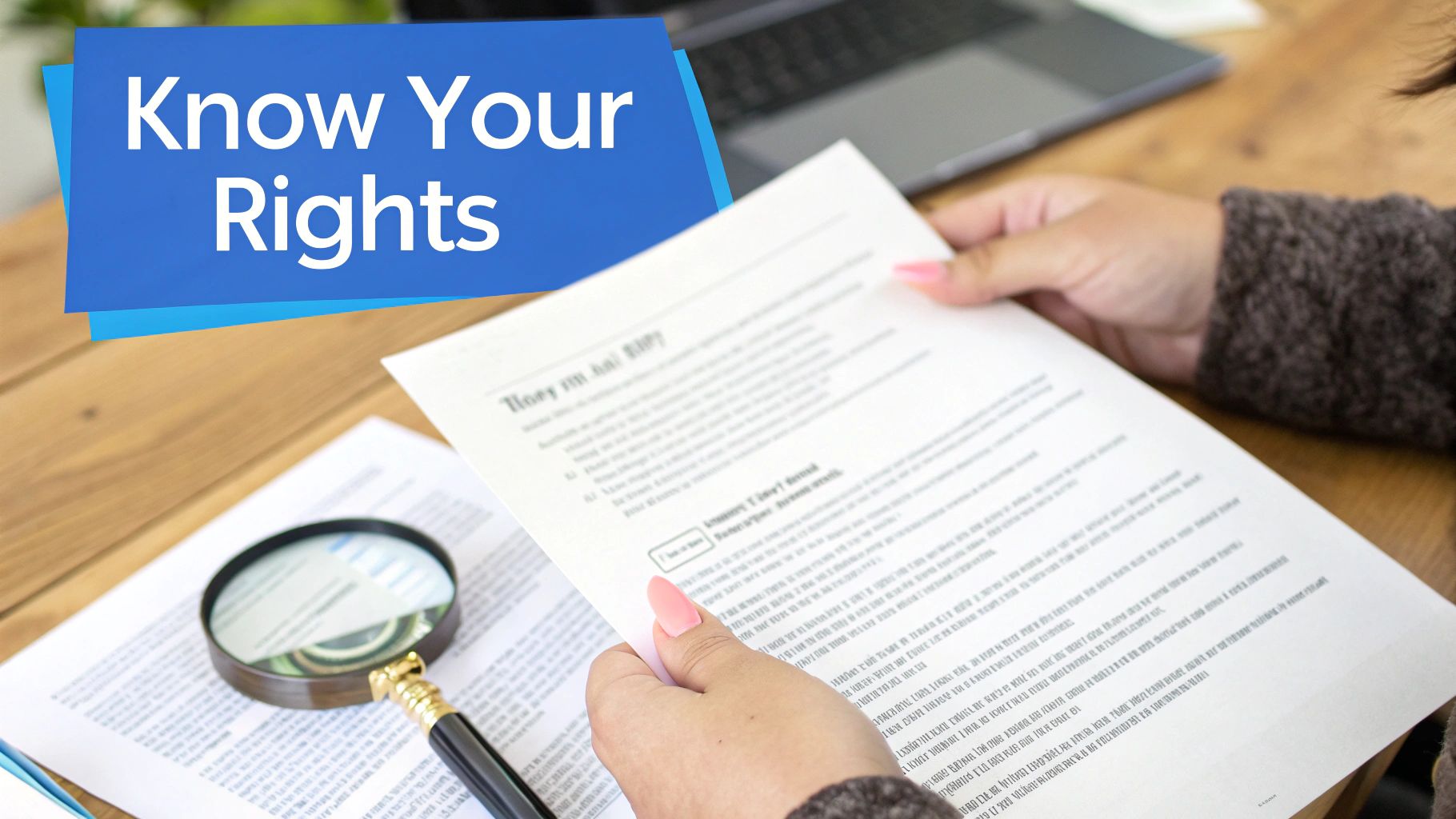 A person reads a document under a 'Know Your Rights' banner, with a magnifying glass nearby.