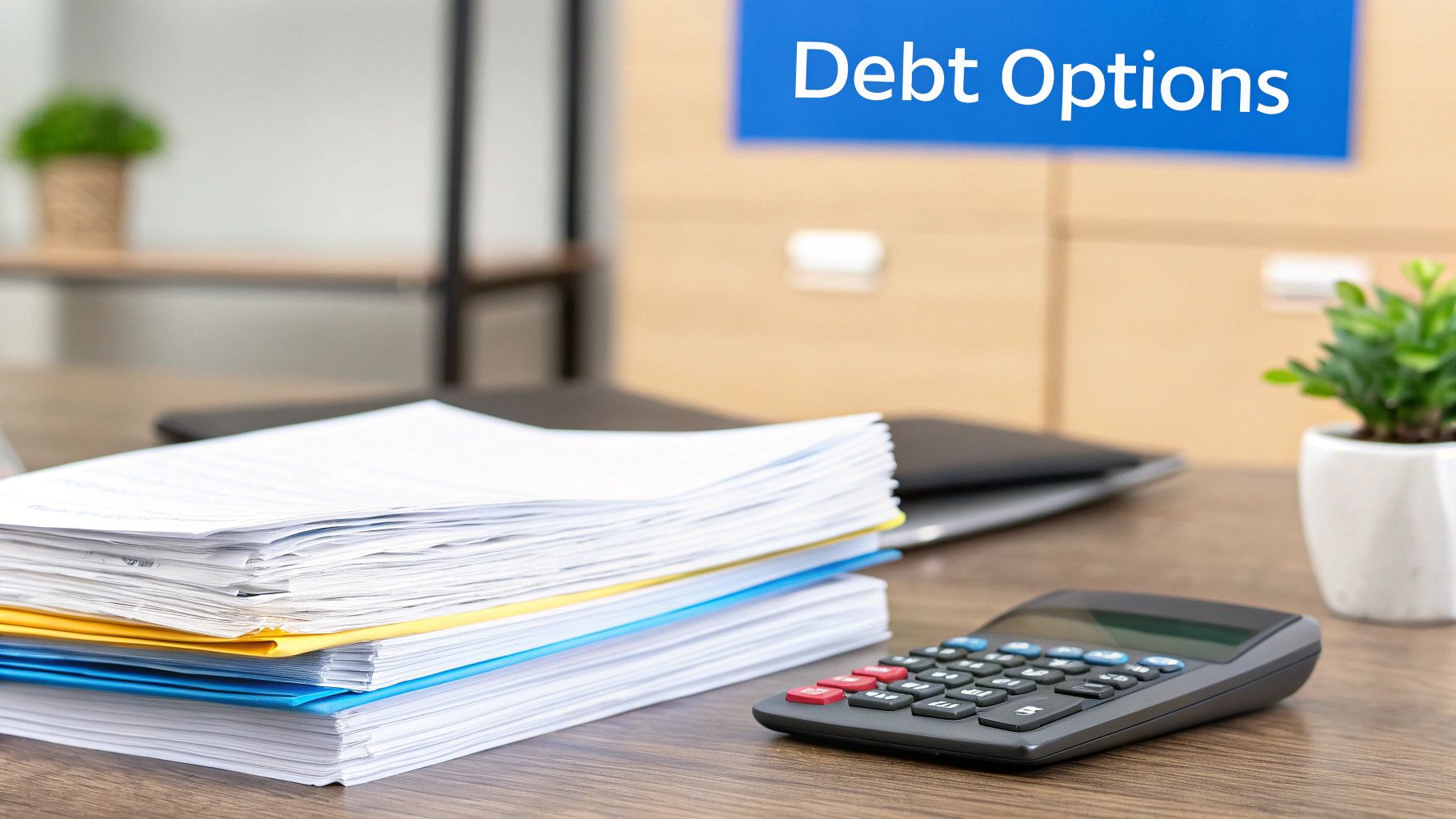 A desk with a stack of documents, a calculator, and a sign reading 'Debt Options' in an office setting.