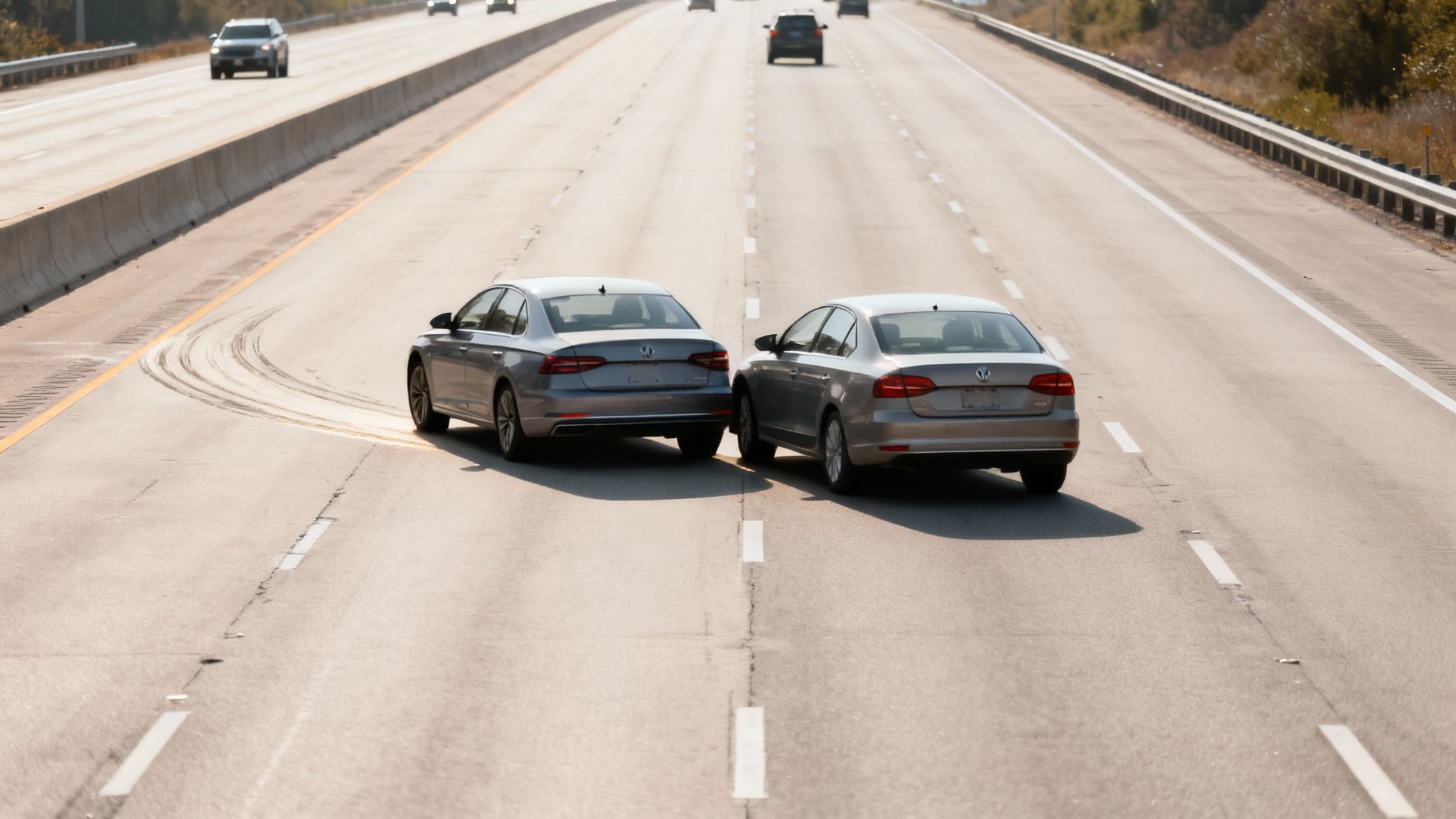 Two silver cars closely positioned on a highway, with visible tire marks from a sideswipe accident.
