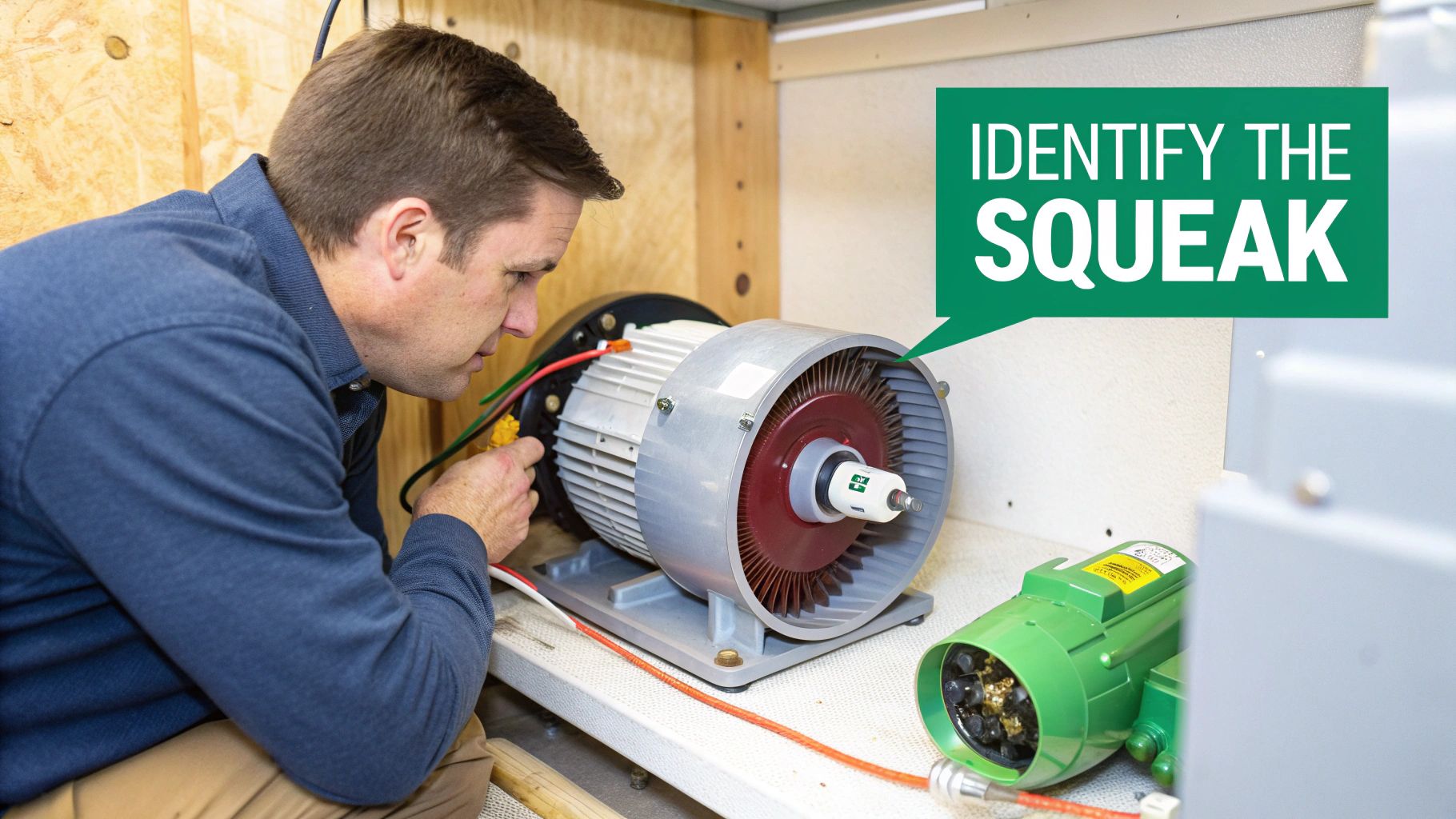 A technician inspects a noisy furnace blower motor, attempting to identify the source of a squeak.