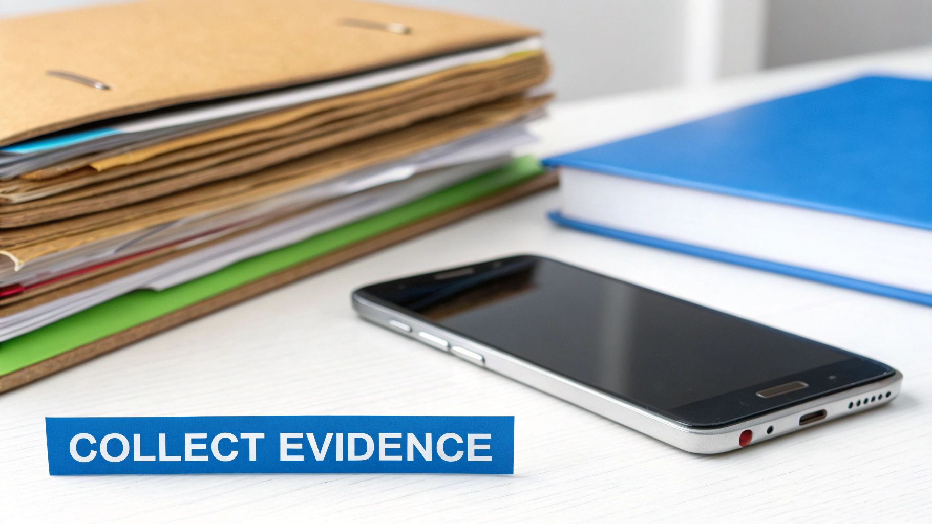 A smartphone, a stack of files, and a blue book on a desk with a banner saying 'COLLECT EVIDENCE'.