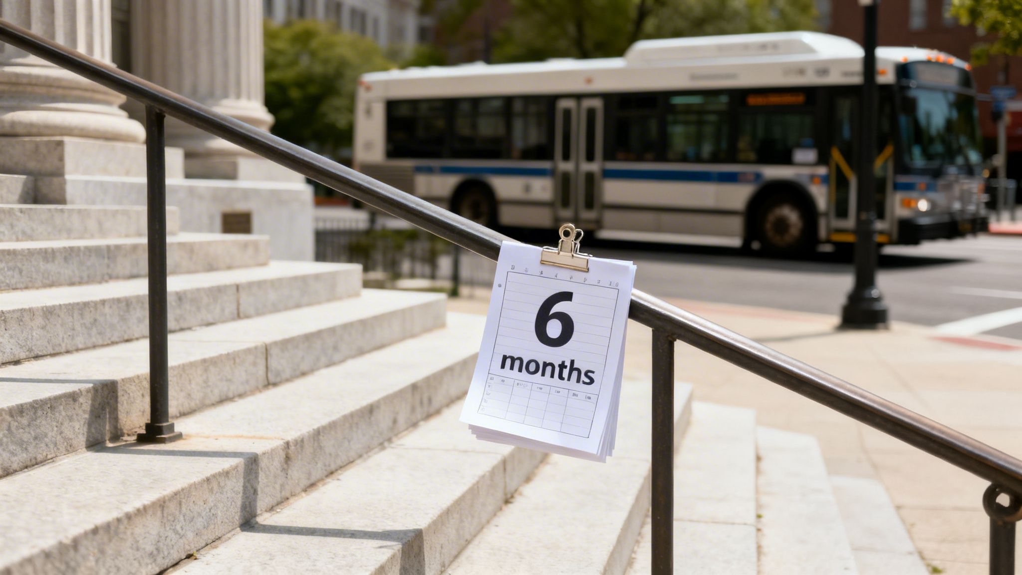 A calendar page showing '6 months' is clipped to a dark handrail beside stone steps, with a bus in the background.
